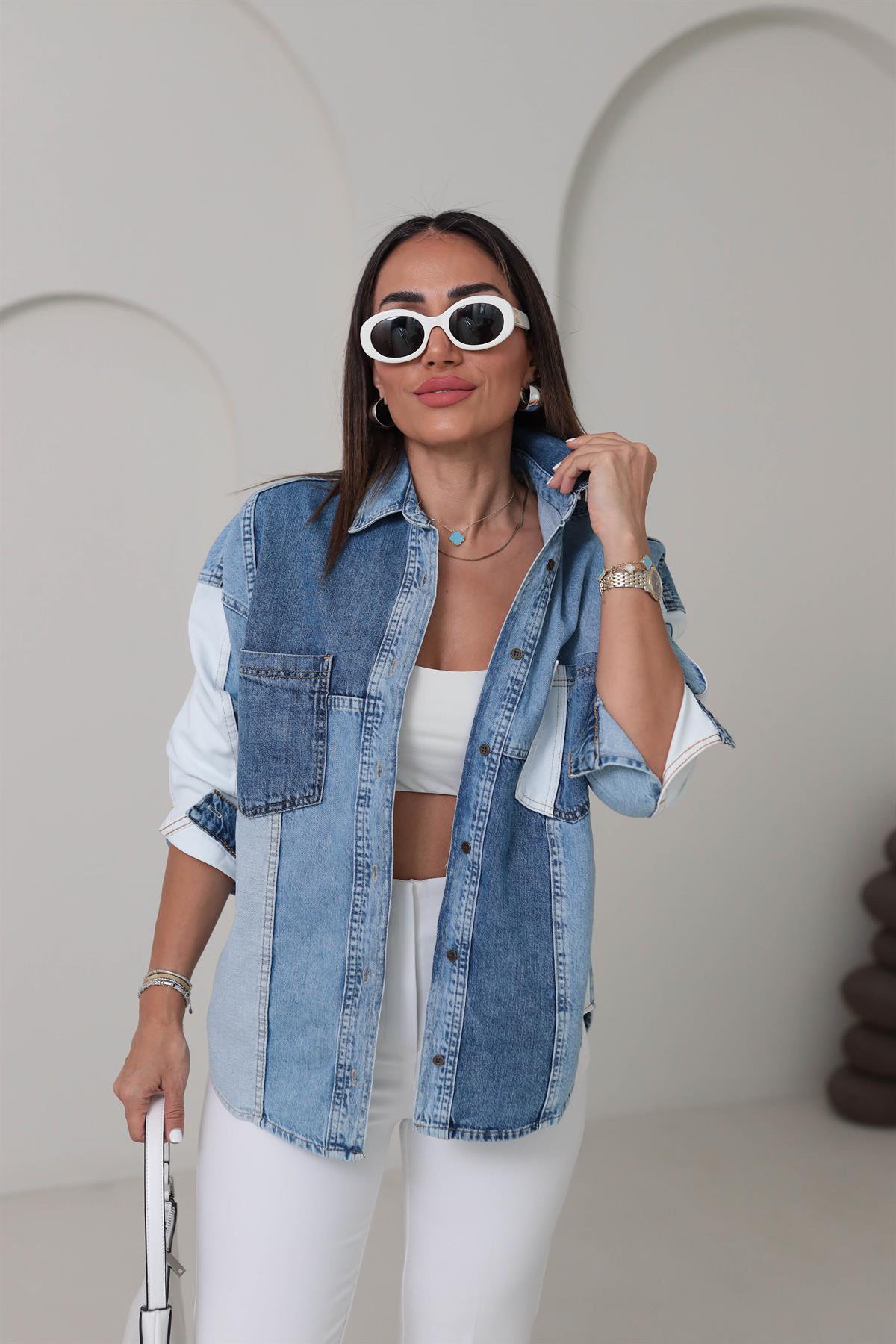 2162 Parçalı Denim Gömlek MAVİ