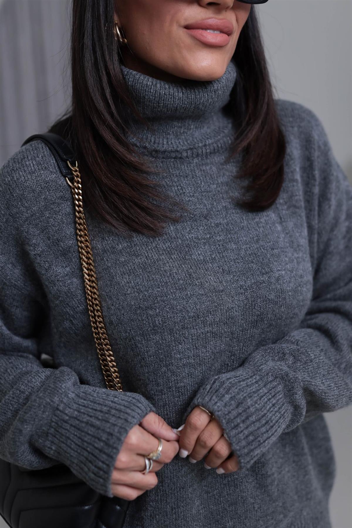 5139K Balıkçı Yaka Etekli Triko Takım KOYU GRİ