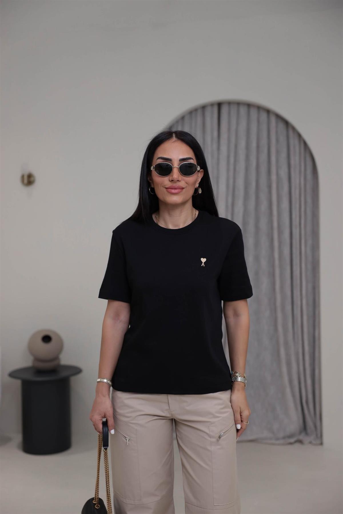 Gold Metal Kalpli Bisiklet Yaka Pamuklu Tshirt SİYAH