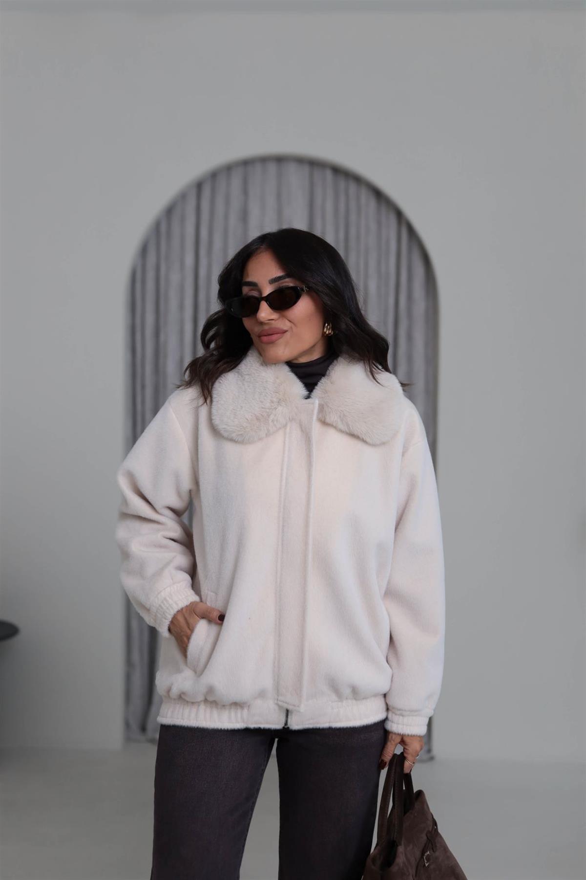 0099 Yaka Kürklü Alpaka Kaban EKRU