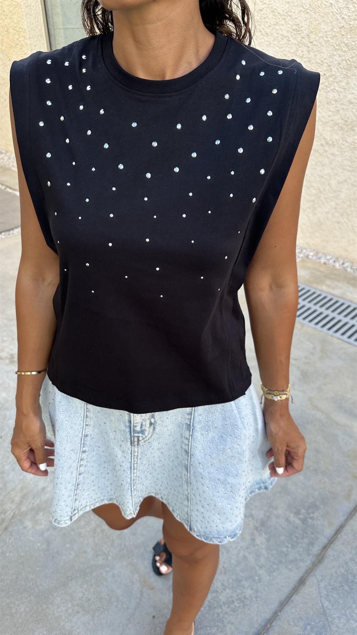 6175 Önü Taşlı Sıfır Kol Tshirt