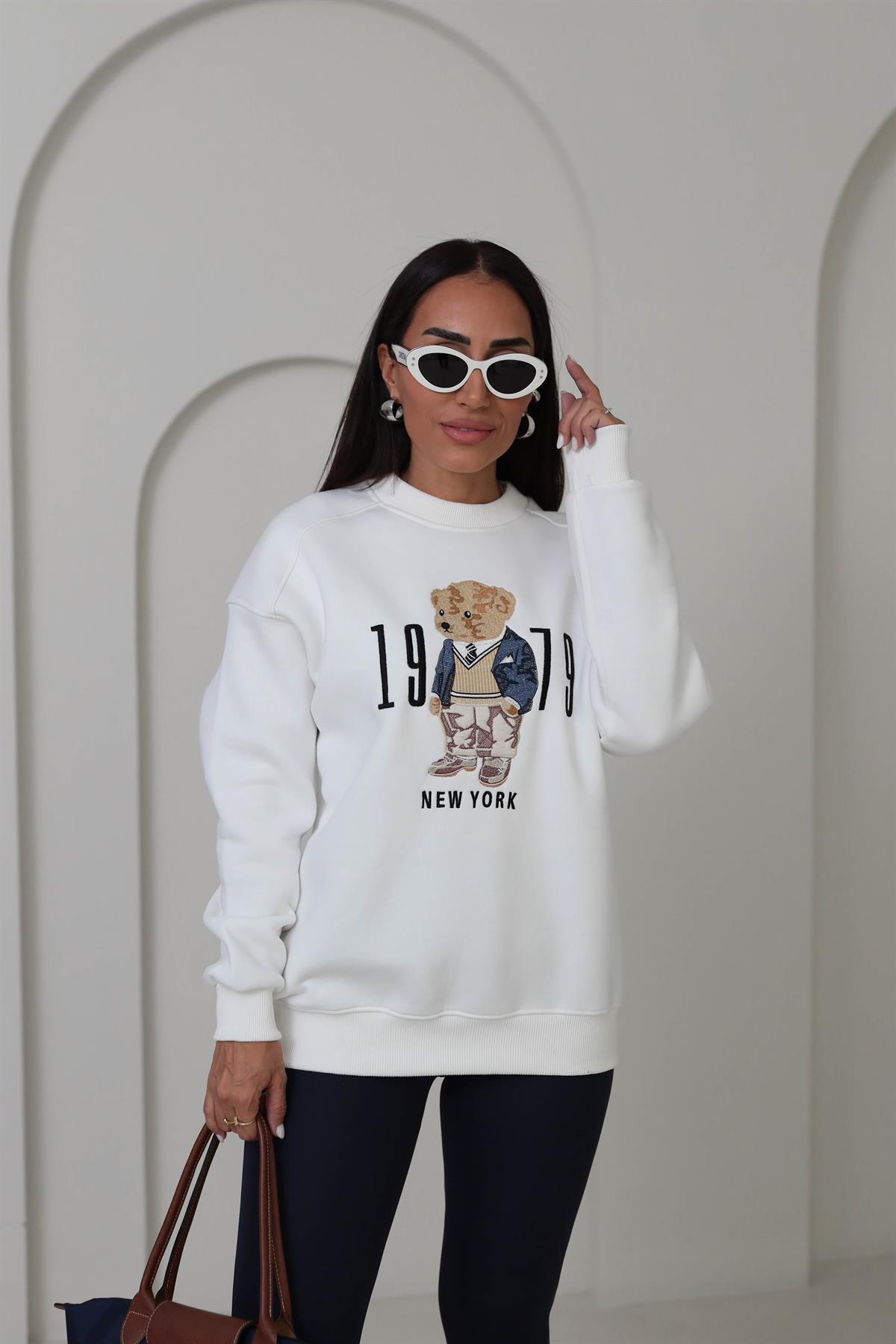 0417 Bisiklet Yaka Şardonlu Teddy Baskılı Sweatshirt EKRU