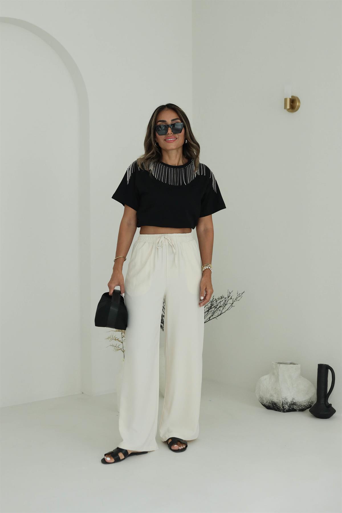 8779 Beli Lastikli Bol Paça Pantolon TAŞ