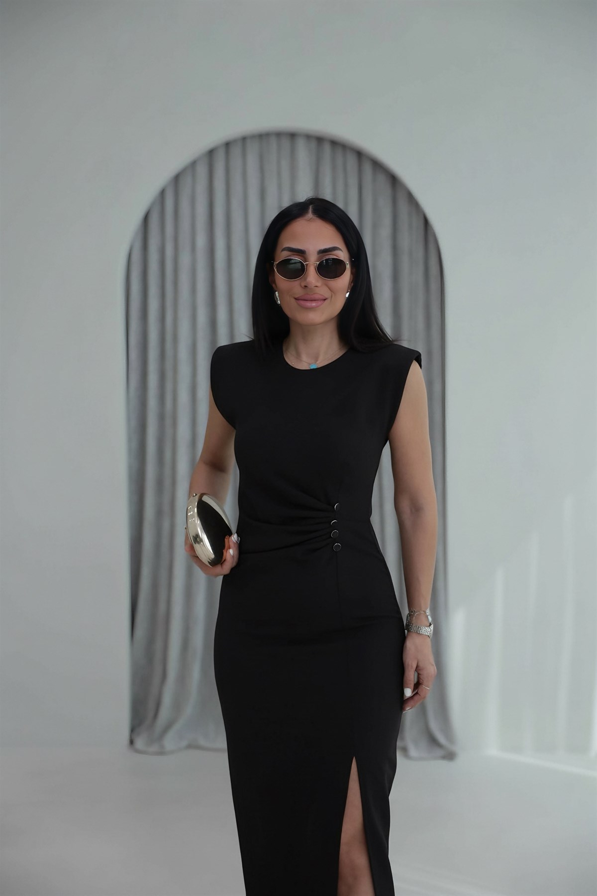 3870 Sıfır Kol Vatkalı Drapeli Elbise SİYAH