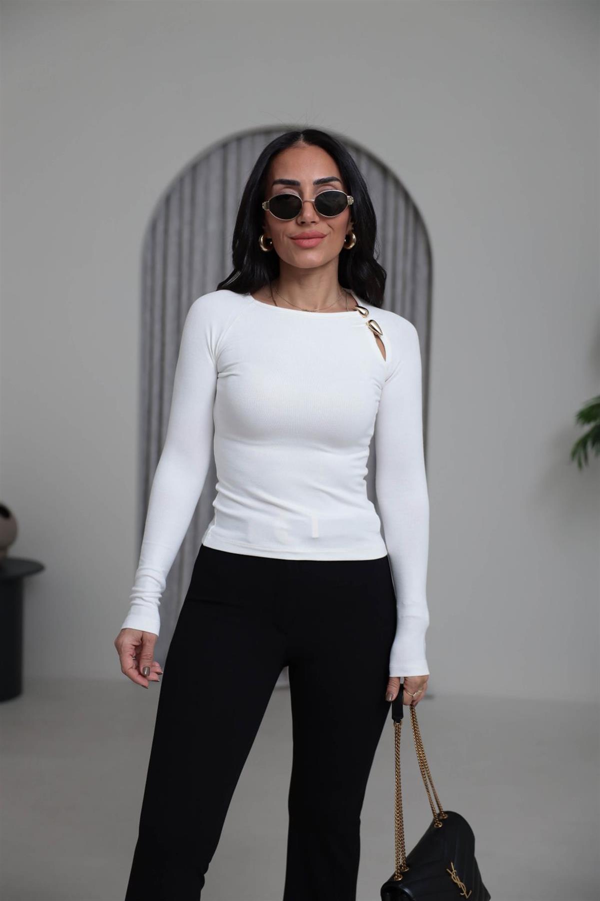 1063 Gold Aksesuarlı Modal Bluz EKRU