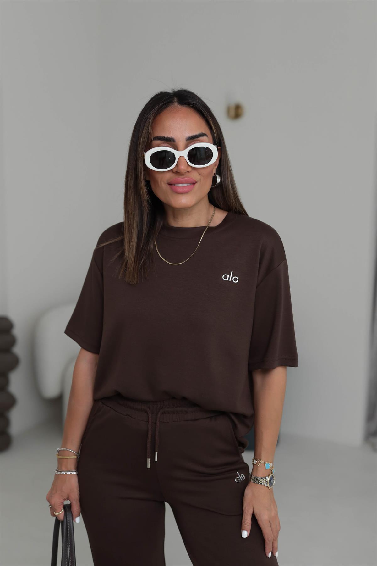 8511 Gümüş Yazı Baskılı Modal Kumaş Takım ACI KAHVE