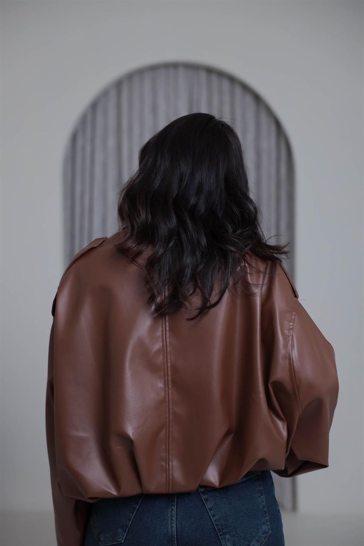 4221 Gömlek Yaka Suni Deri Bomber Ceket TABA