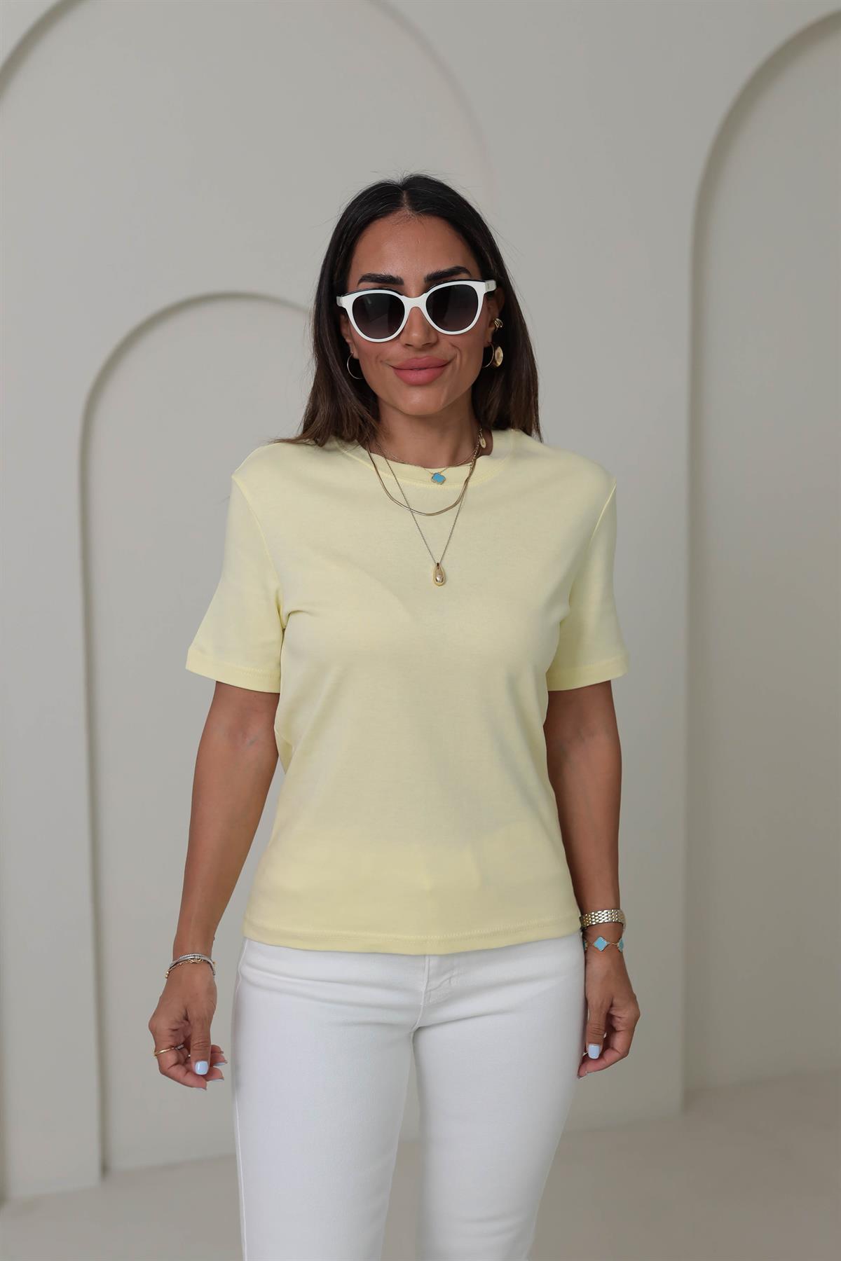 1075 Bisiklet Yaka Pamuklu Basic Tshirt AÇIK SARI