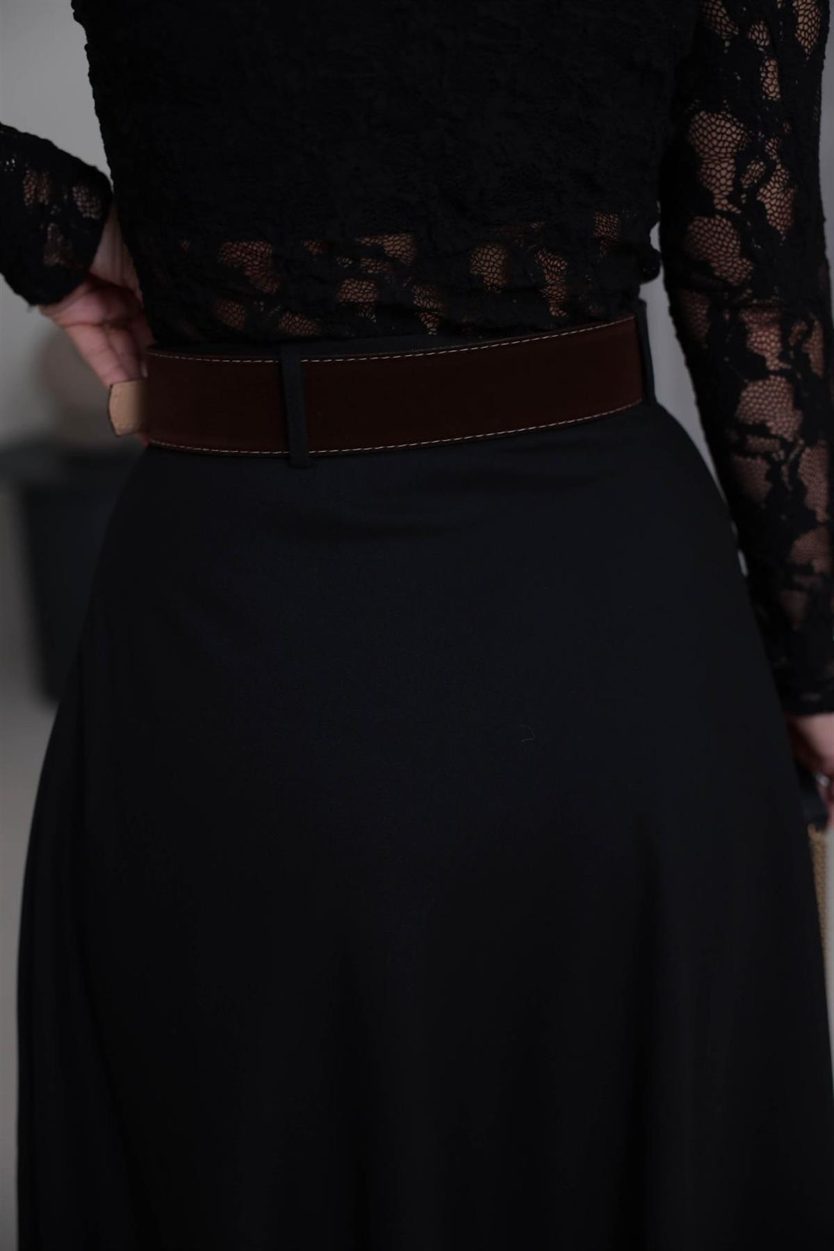 0647 Süet Kemerli Kloş Etek SİYAH