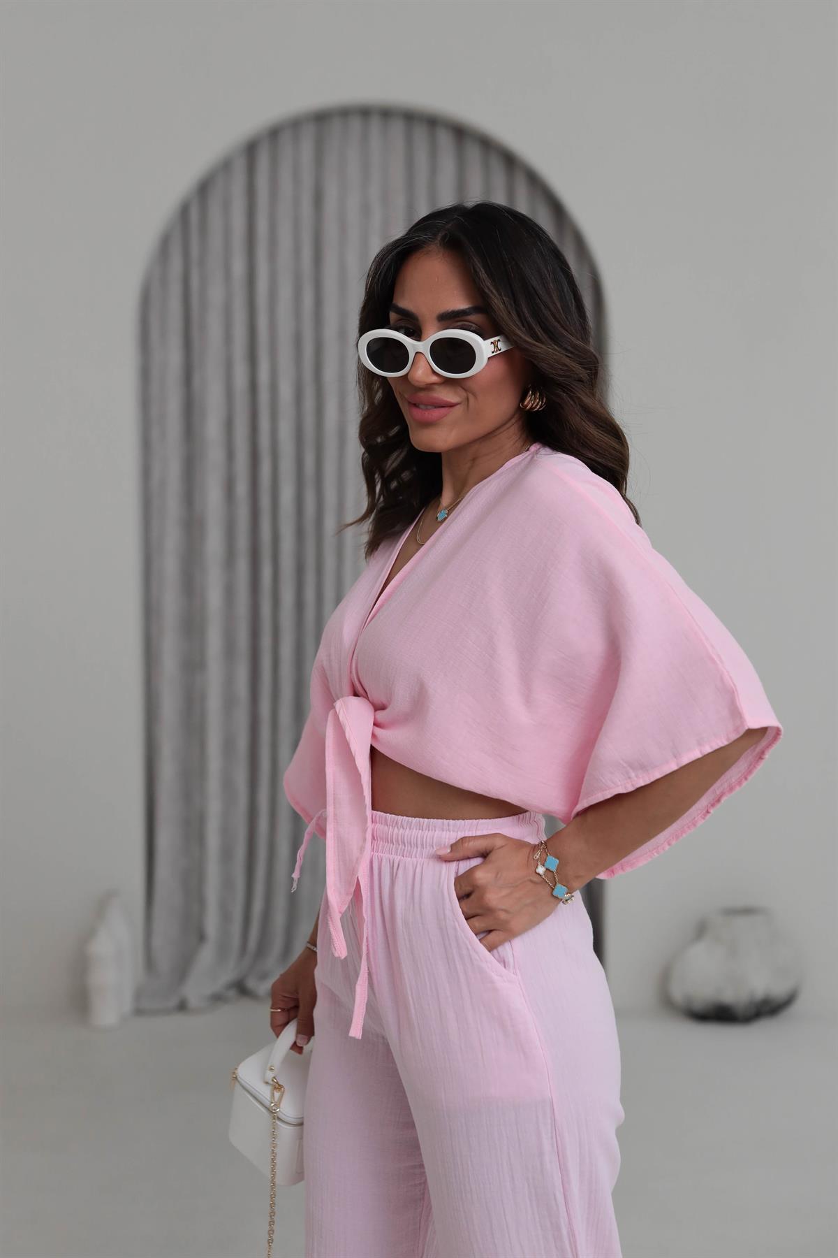 4729 Müslin Kumaş Bağlama Detay Bluz PEMBE