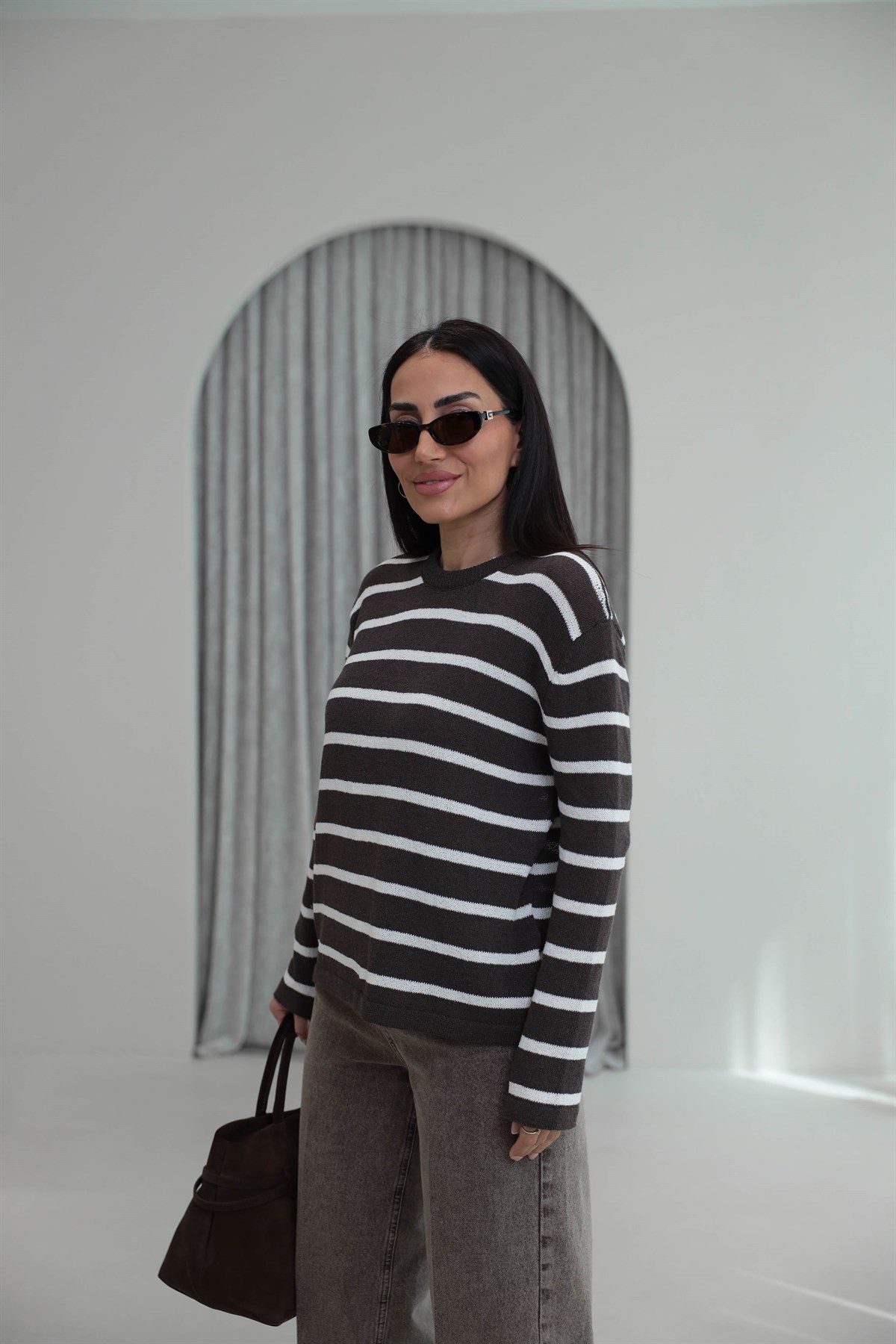 1032 Çizgili Triko Bluz KAHVE