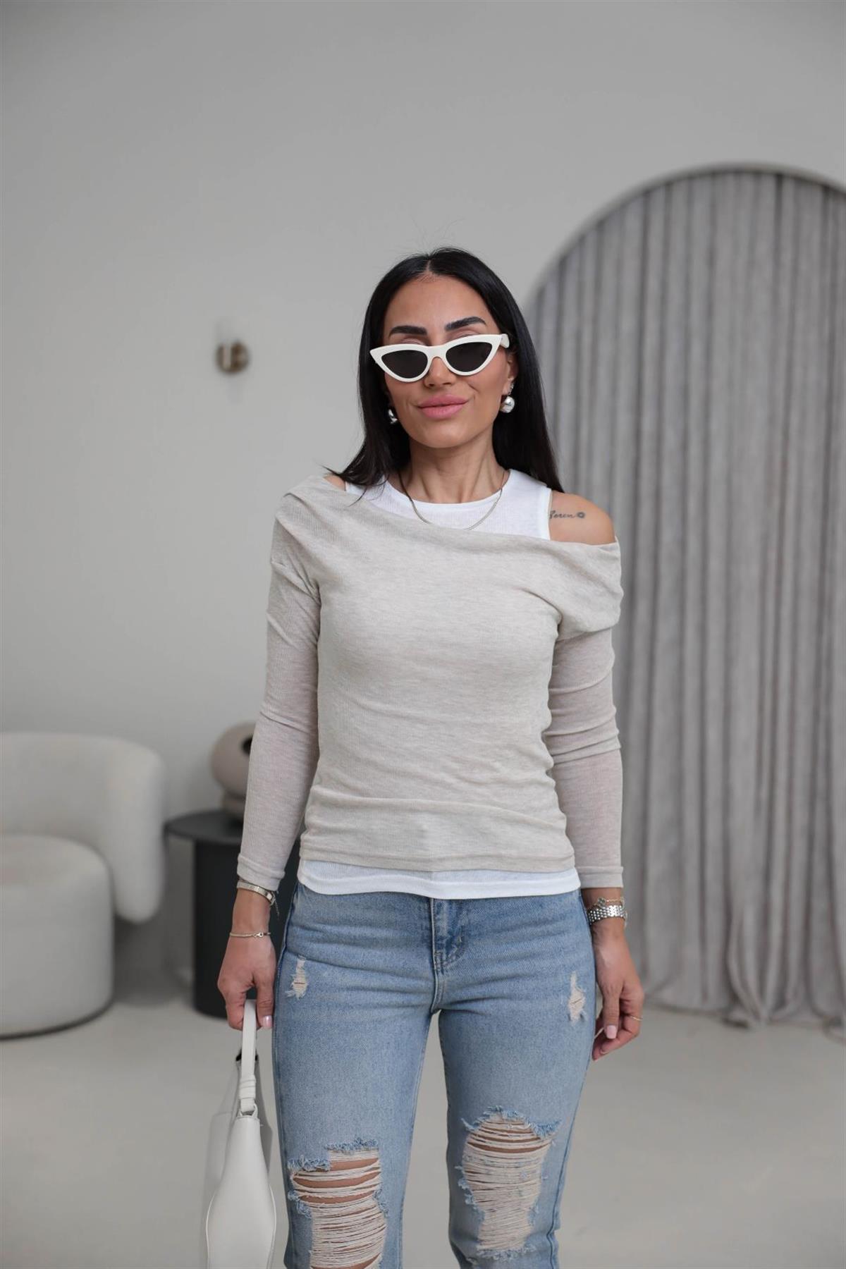 Çift Katmanlı Kayık Yaka İkili Bluz BEJ