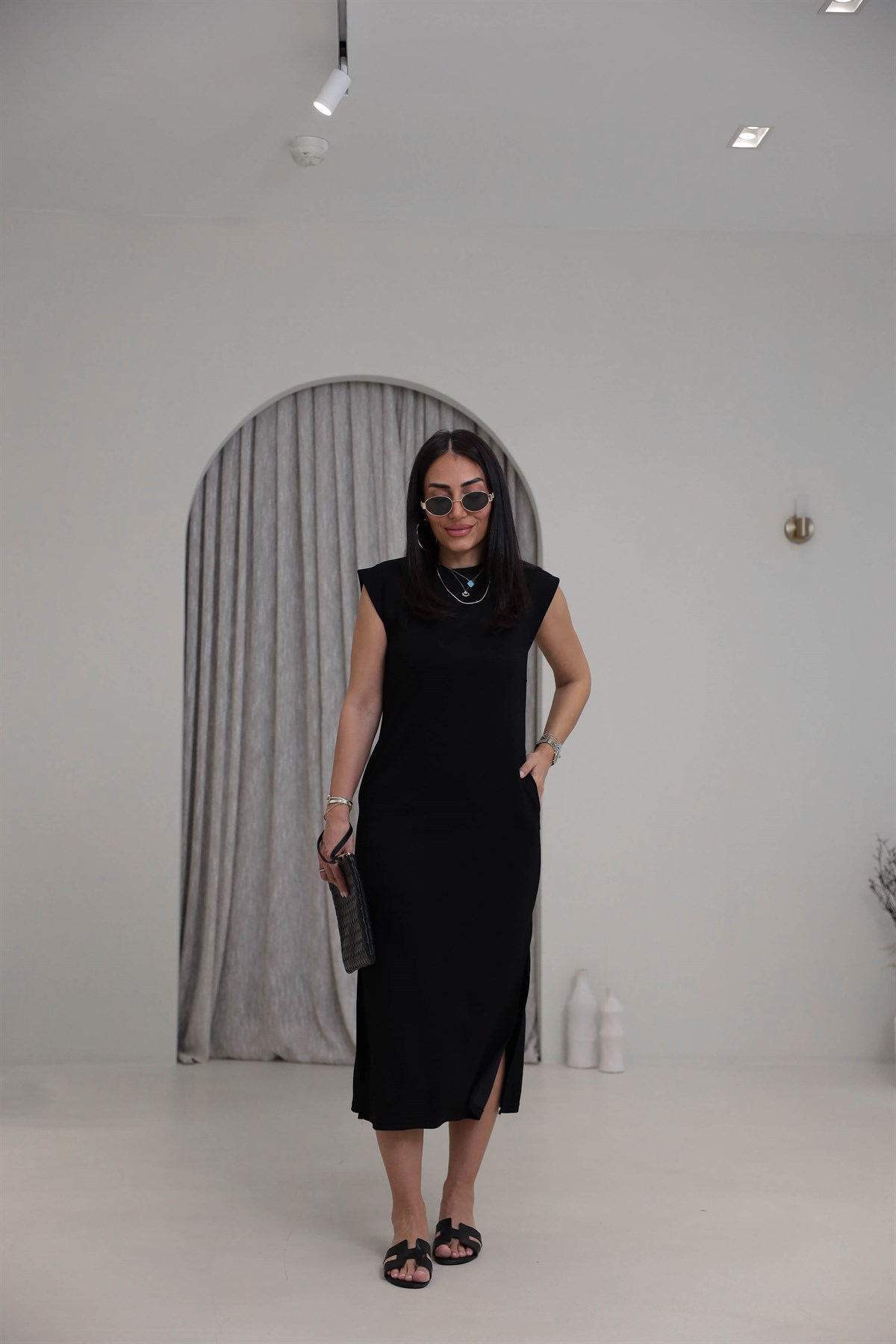 4254 Kol Detaylı Modal Rahat Elbise SİYAH