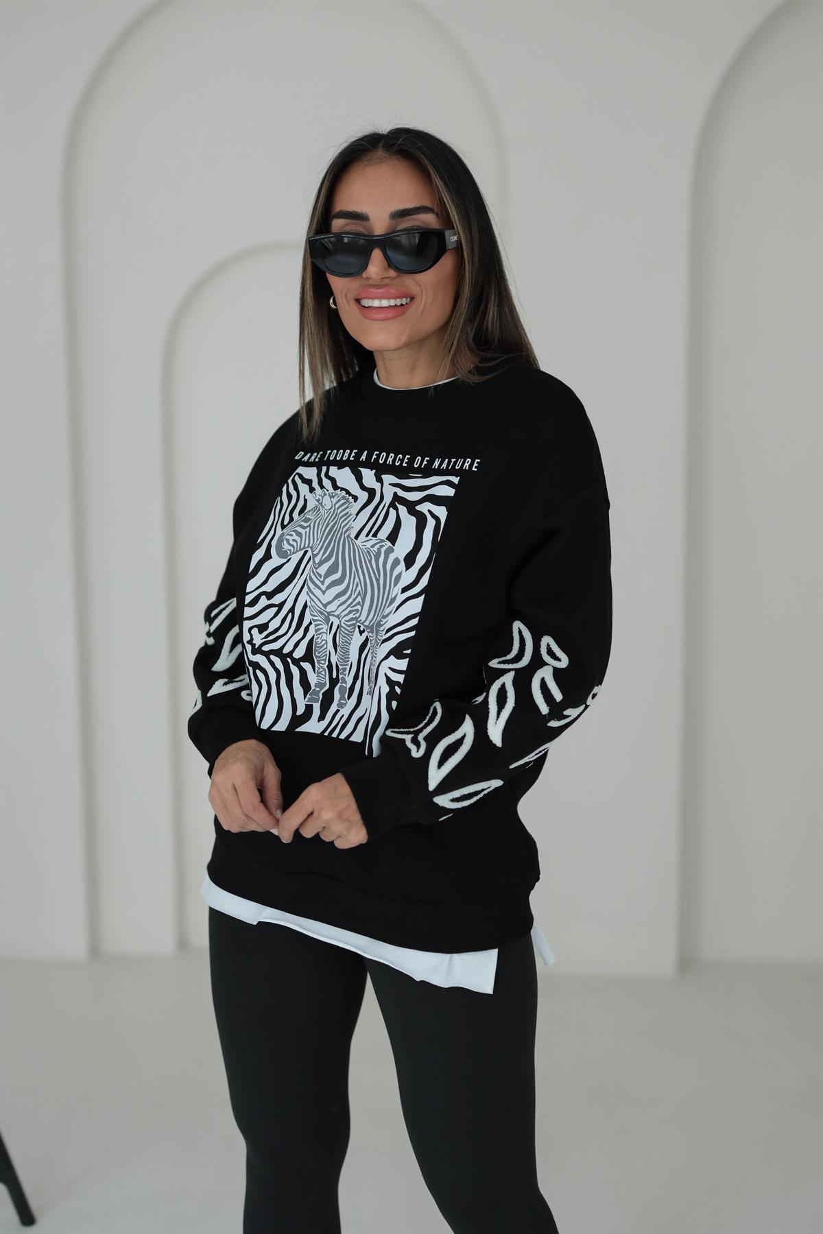 5591 Zebra Baskılı İşlemeli Sweatshirt