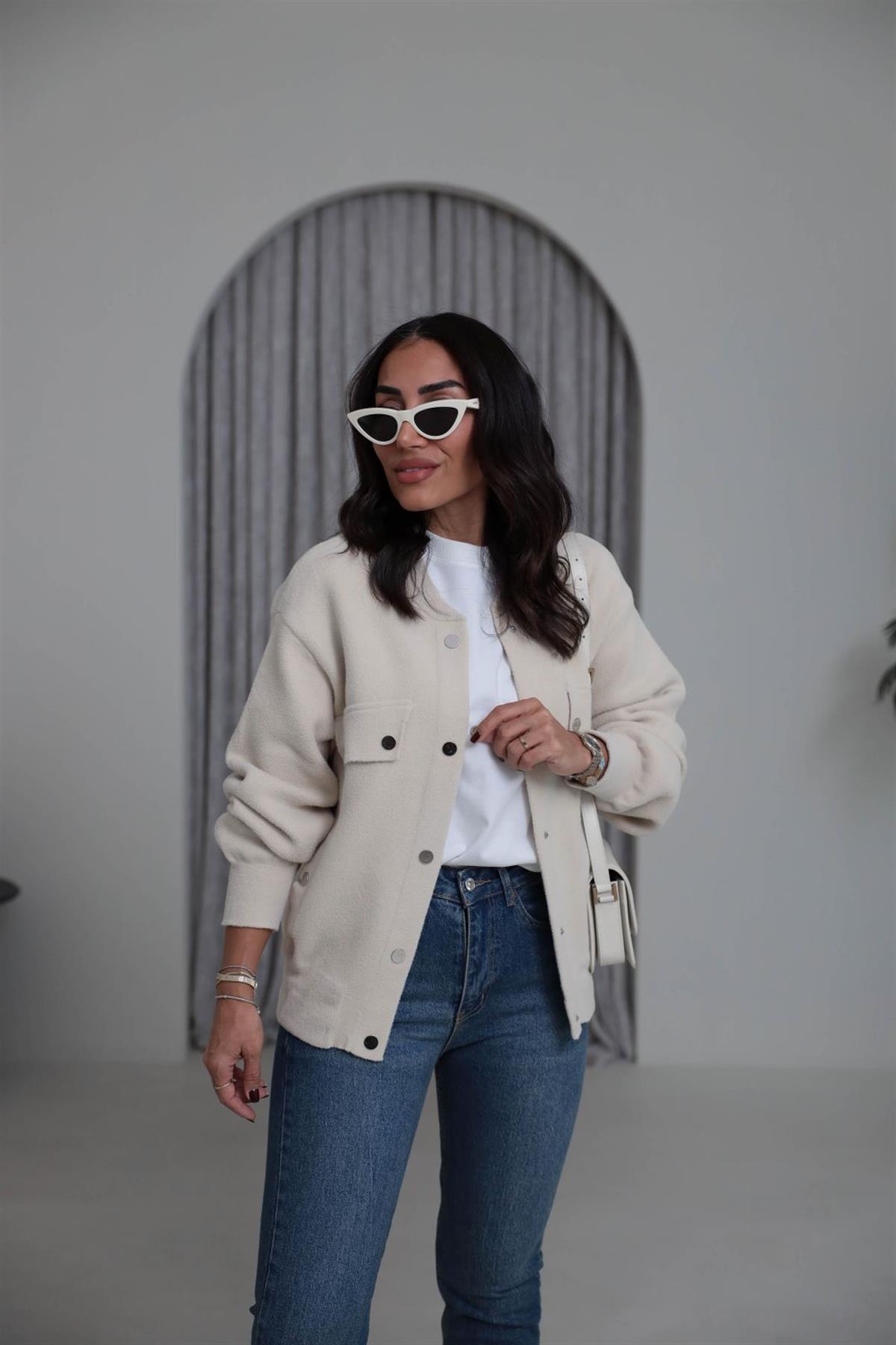 4589 Çıtçıtlı Cep Detaylı Angora Ceket EKRU