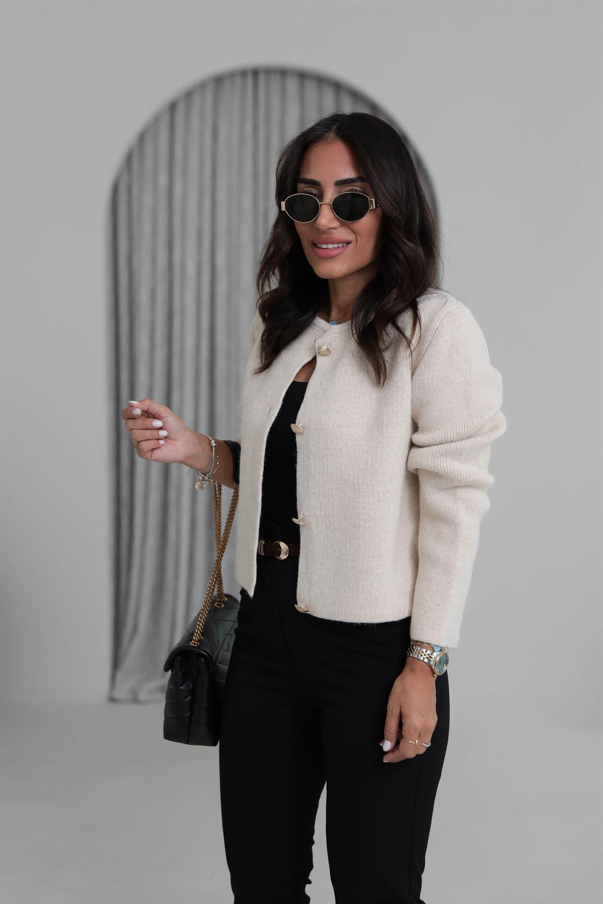 0006 Gold Düğme Detaylı Kalın Doku Hırka EKRU