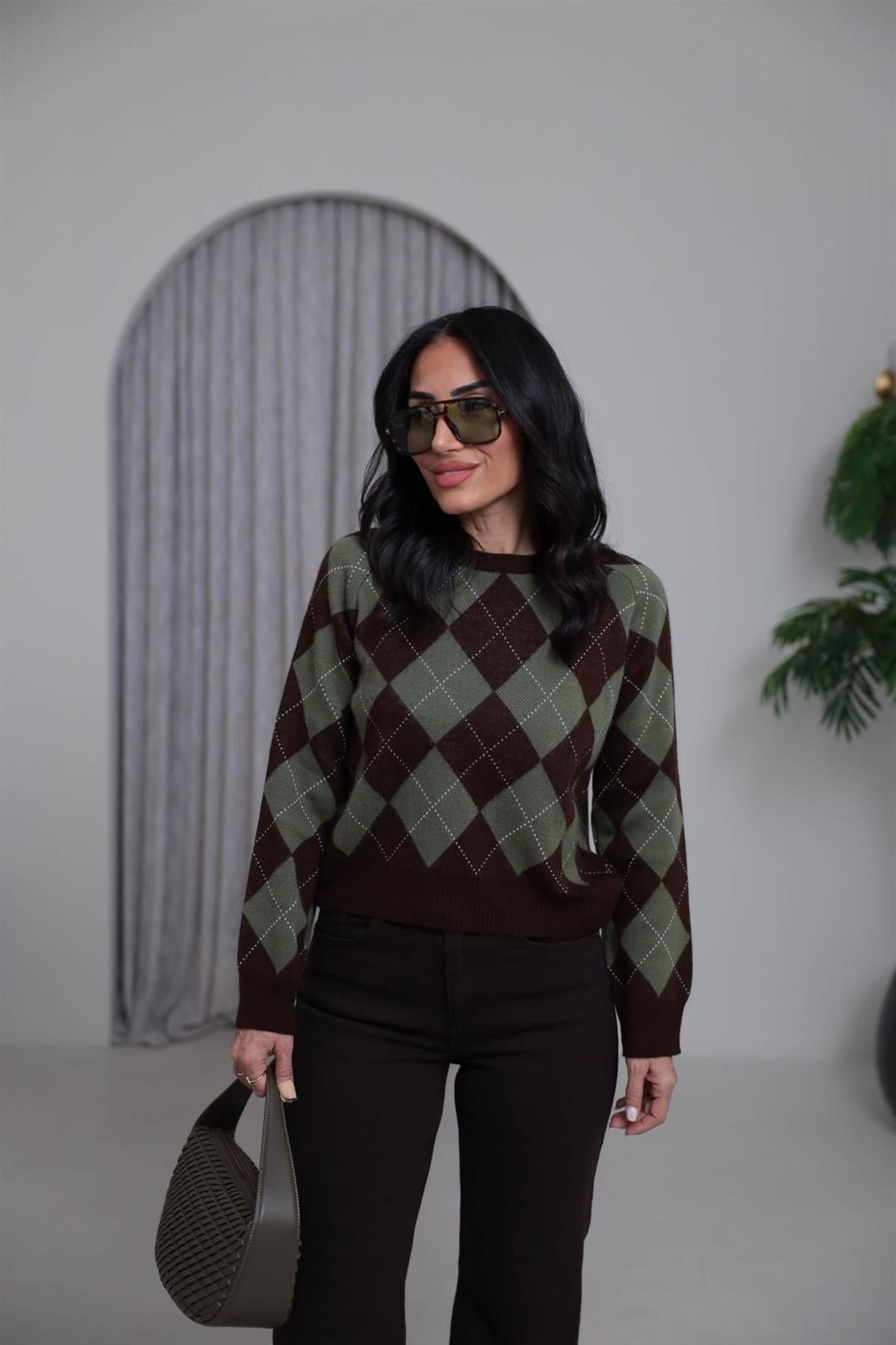 0112 Bisiklet Yaka Baklava Desen Kazak HAKİ-KAHVE