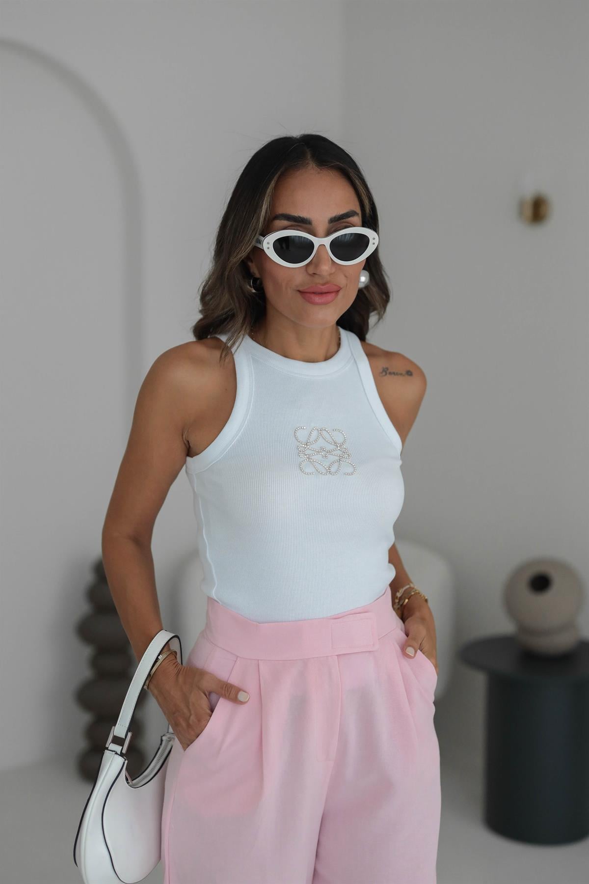 Taş İşlemeli Fitilli Halter Yaka Atlet