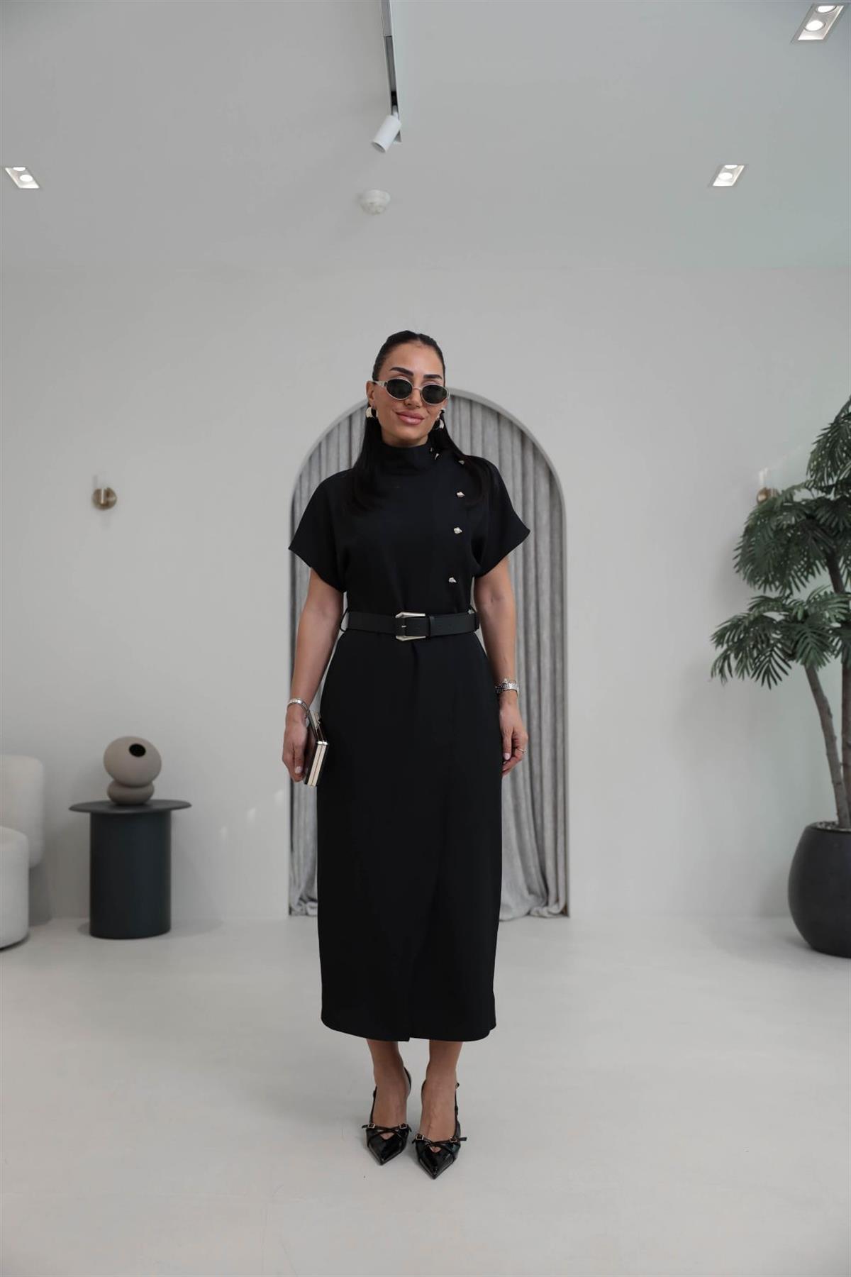 7045 Hakim Yaka Düğme Ve Kemerli Linda Elbise SİYAH