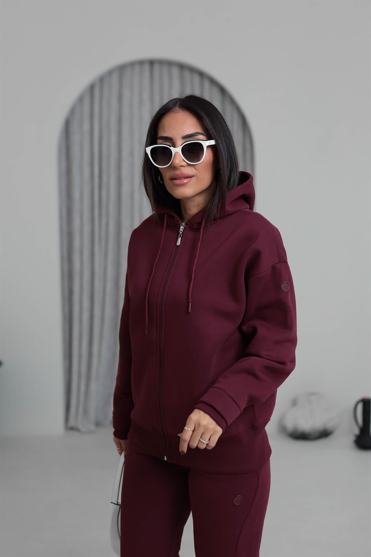 7316 Kapşonlu Fermuarlı Şardonlu Sweatshirt BORDO