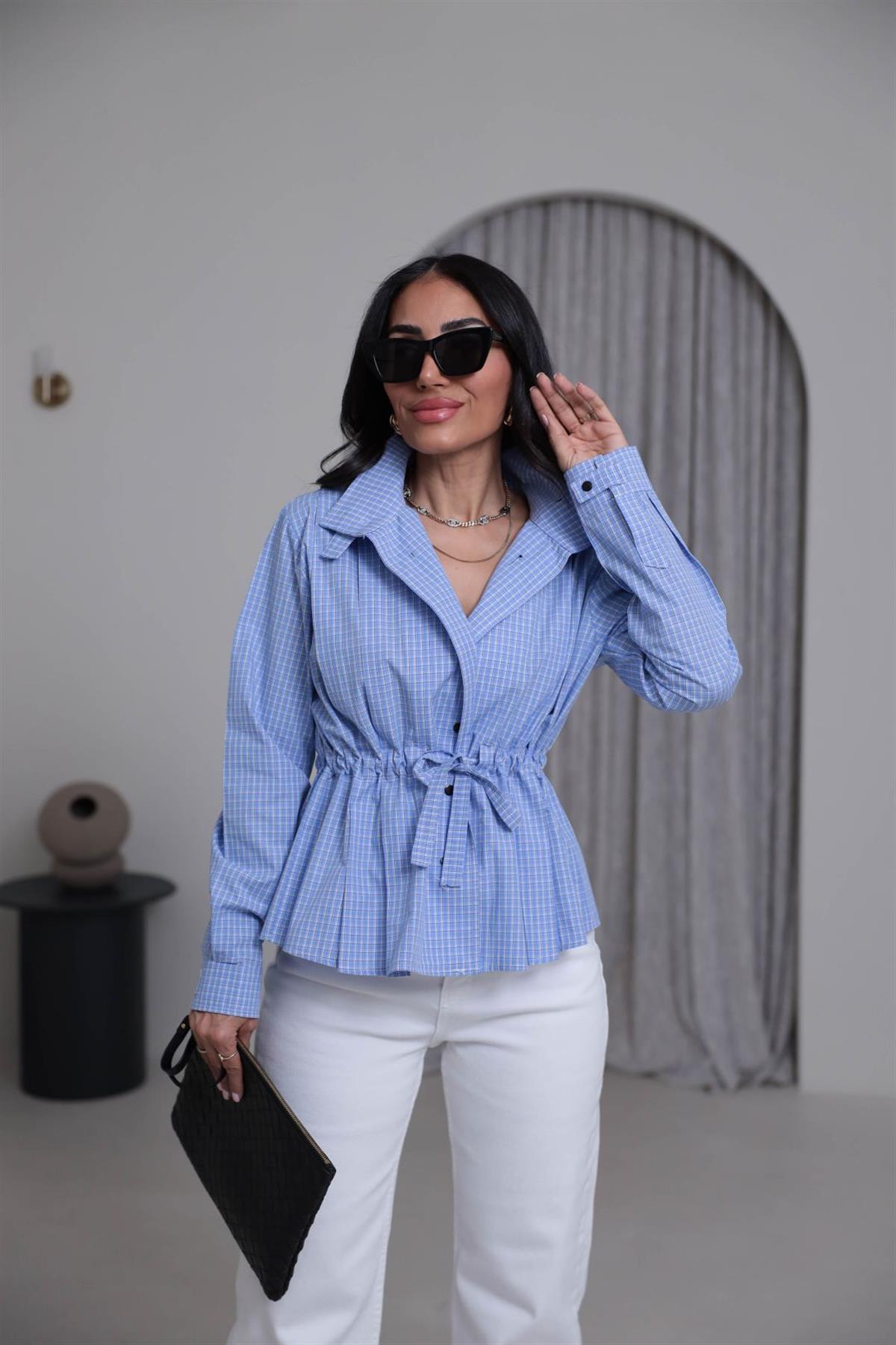 4099 Dik Yaka Belden Bağlamalı Ekose Gömlek MAVİ