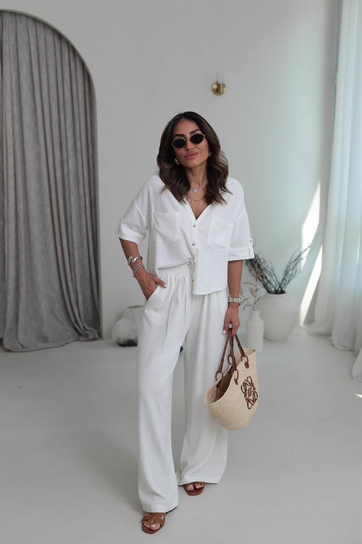 0451 Dökümlü Pamuklu V Yaka Gömlek Pantolon Takım EKRU