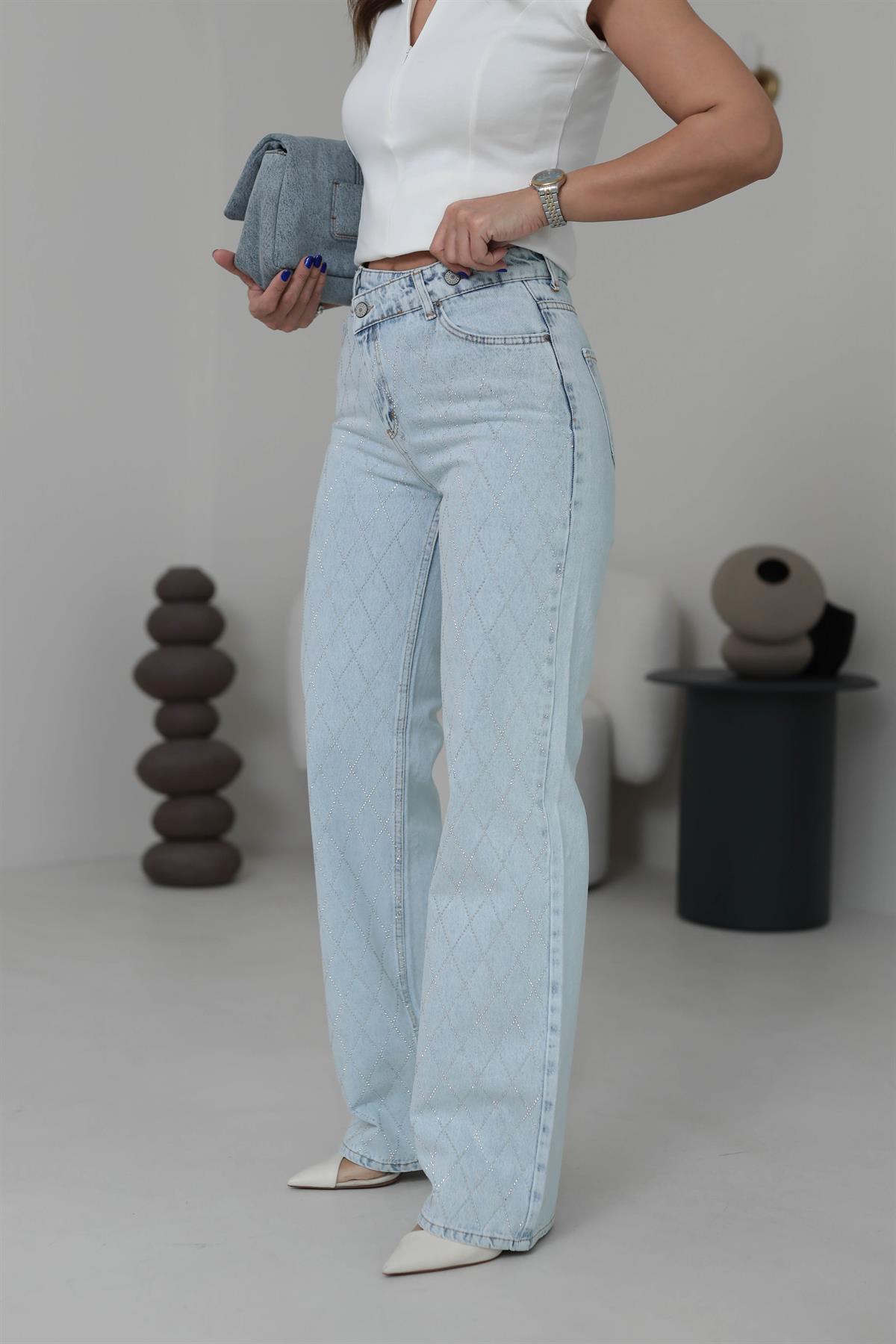 460 Baklava Desen Taş İşlemeli Pantolon BUZ MAVİ