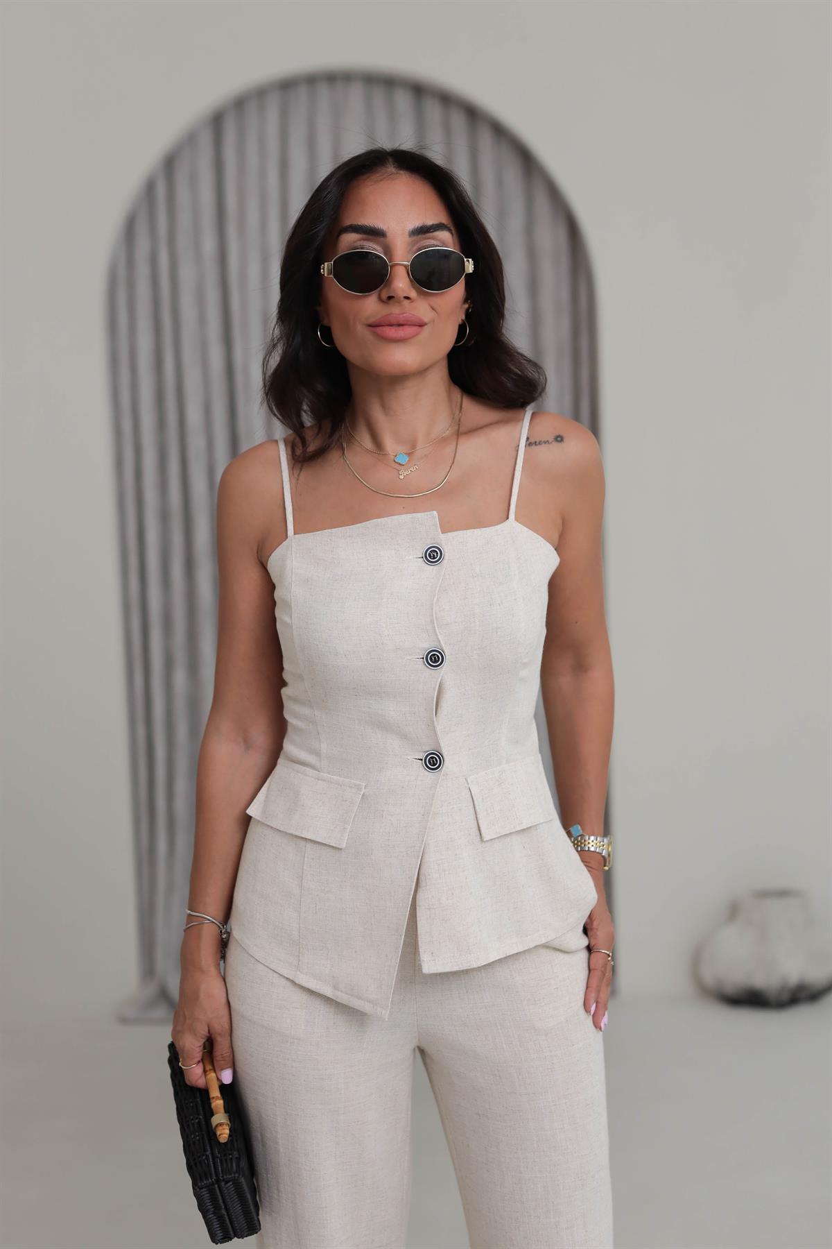 0288 Askıları Ayarlanabilir Tencel Keten Yelek & Pantolon Takım NATURAL