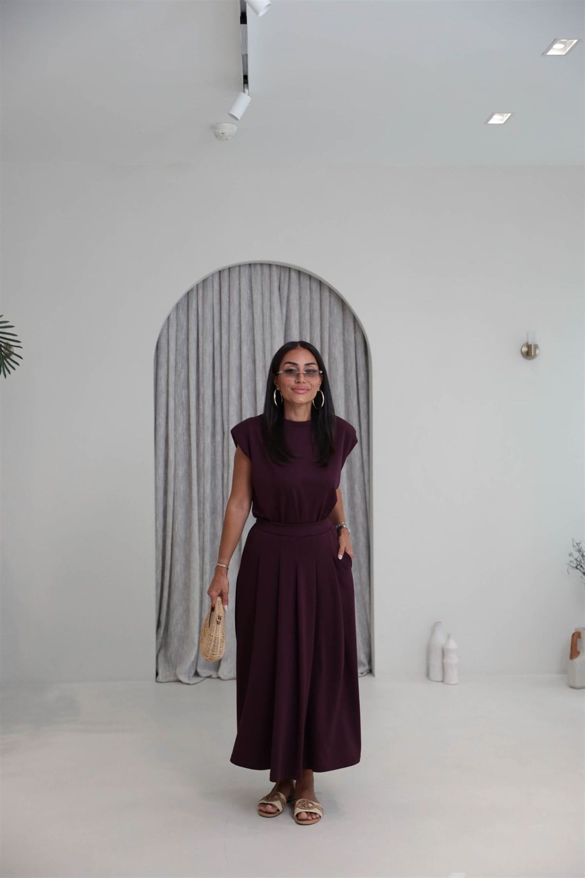 7150 Vatkalı Penye Bluz ve Pileli Etekli Takım MÜRDÜM