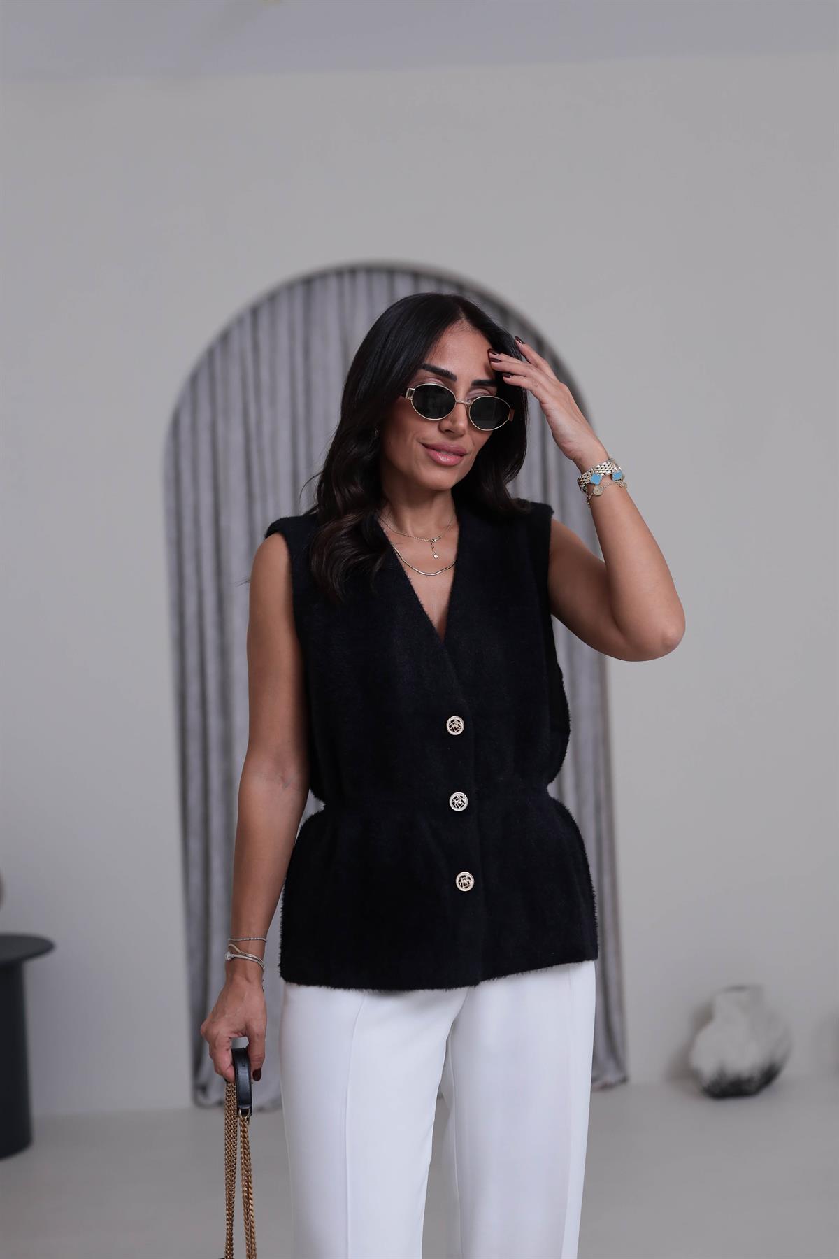 0364 Düğmeli Belden Büzgülü Angora Yelek SİYAH