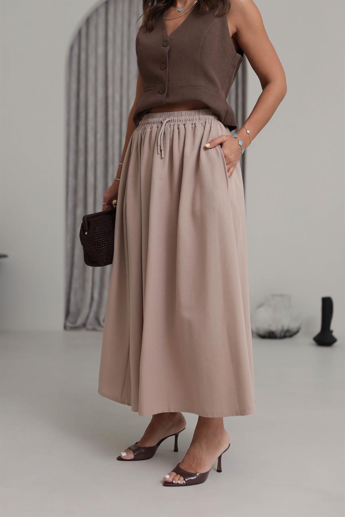 7730 Cepli Beli Lastikli Midi Etek CAMEL