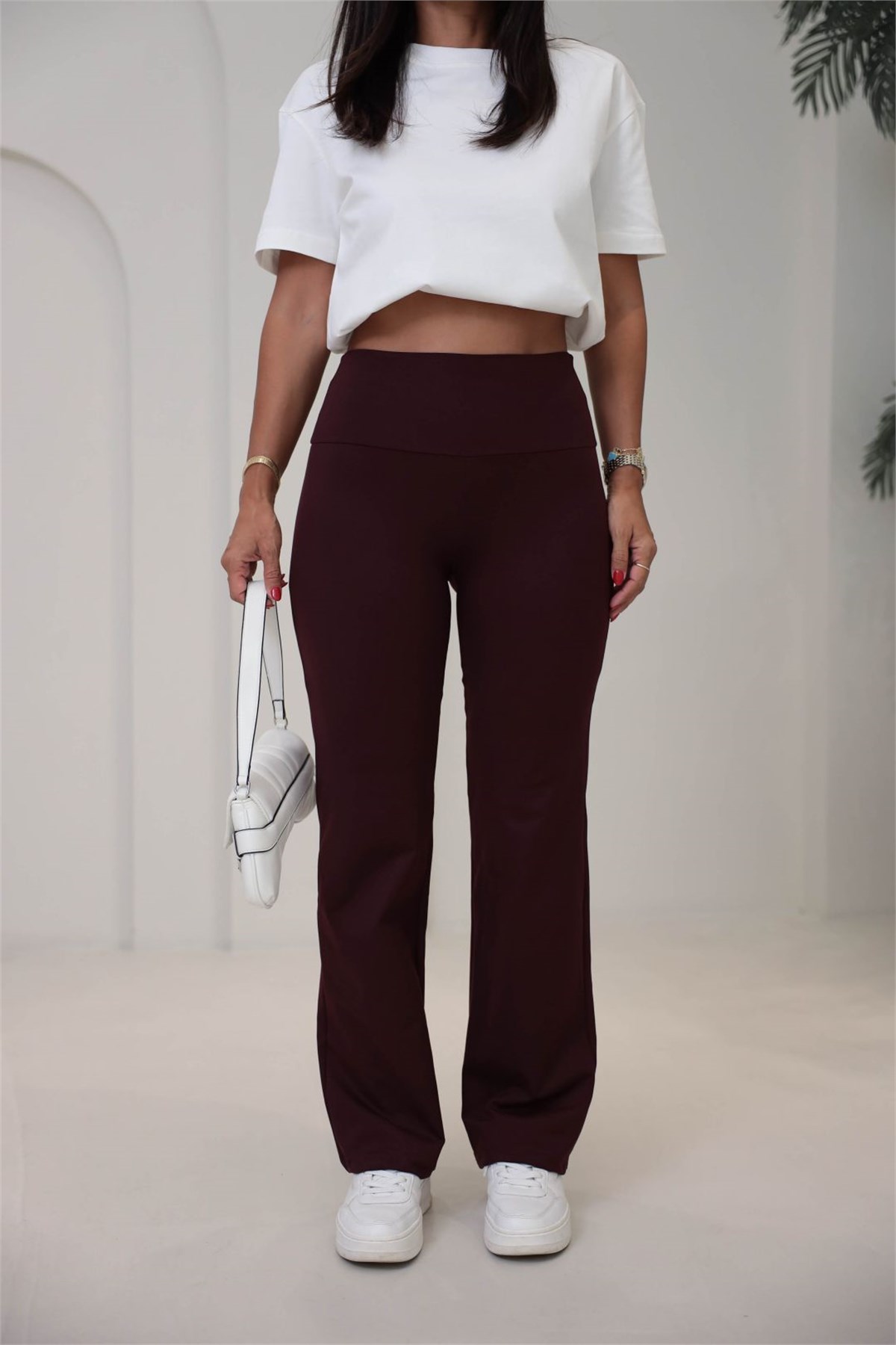6001 Oys Model Yüksek Bel Flare Pantolon MÜRDÜM