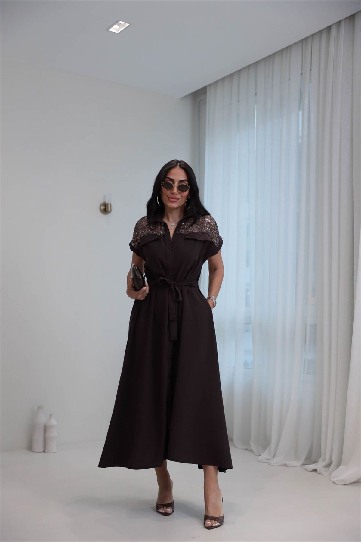 7184 Pul ve File Detaylı Tencel Kumaş Elbise KAHVE