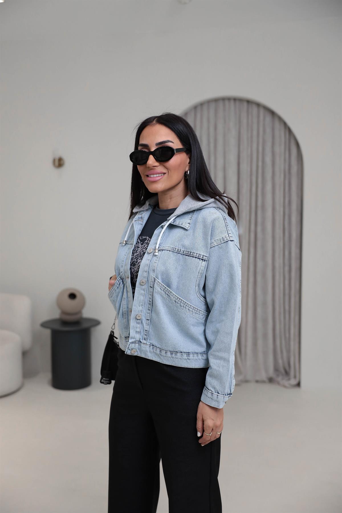 5039 Penye Kapüşonlu Kot Ceket BUZ MAVİ