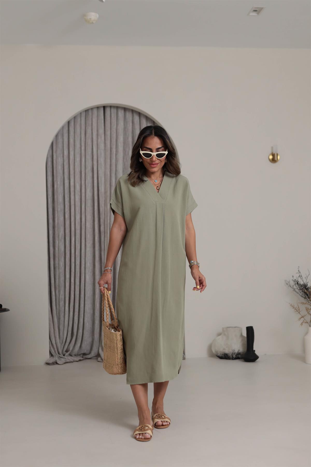 5998 V Yaka Rahat Terni Elbise HAKİ YEŞİL