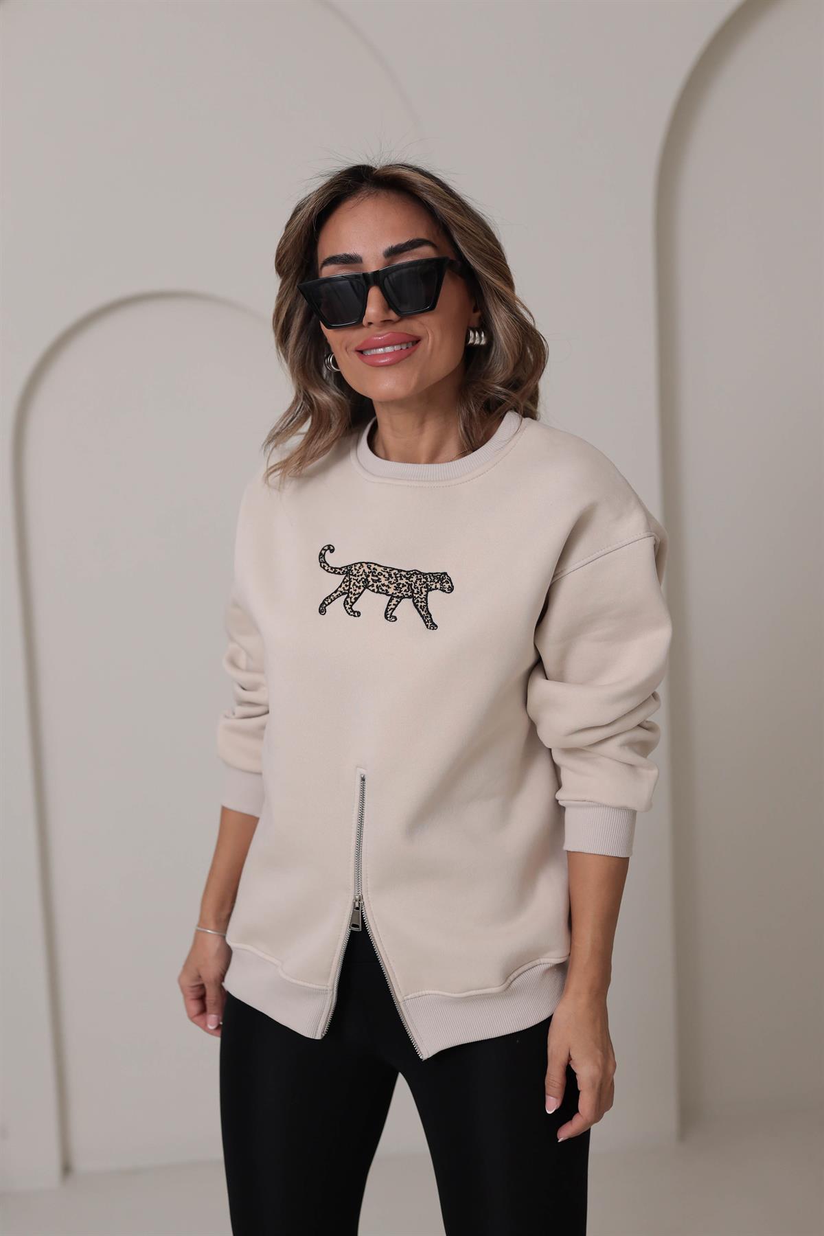 5617 Leopar Nakış Yarım Fermuarlı Şardonlu Sweatshirt BEJ