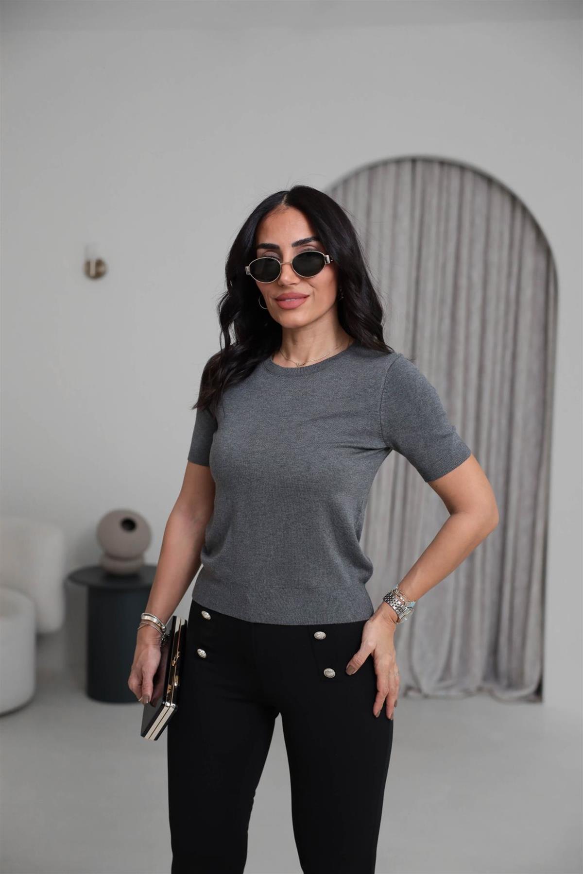 0779 Bisiklet Yaka Kısa Kol Basic Triko Bluz KOYU GRİ