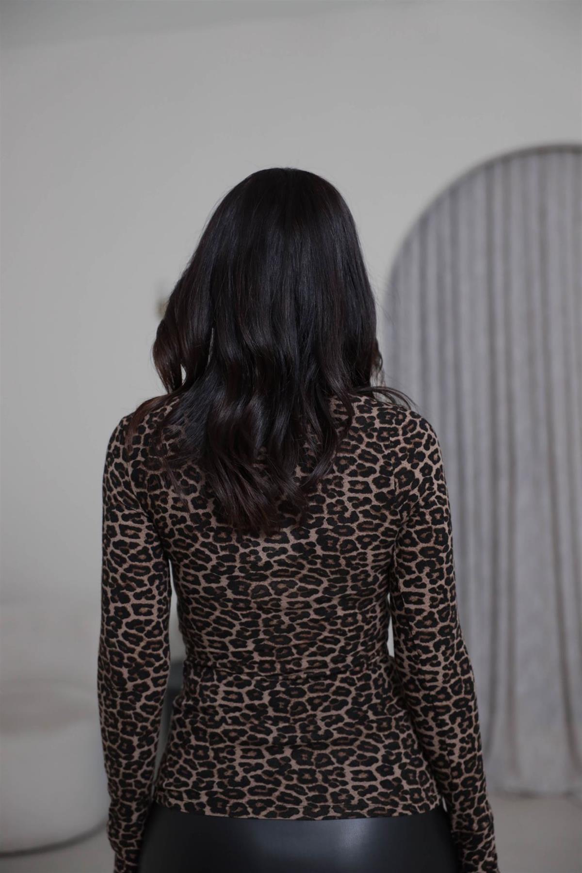 2321 Balıkçı Yaka Uzun Kol Leopar Bluz LEOPAR