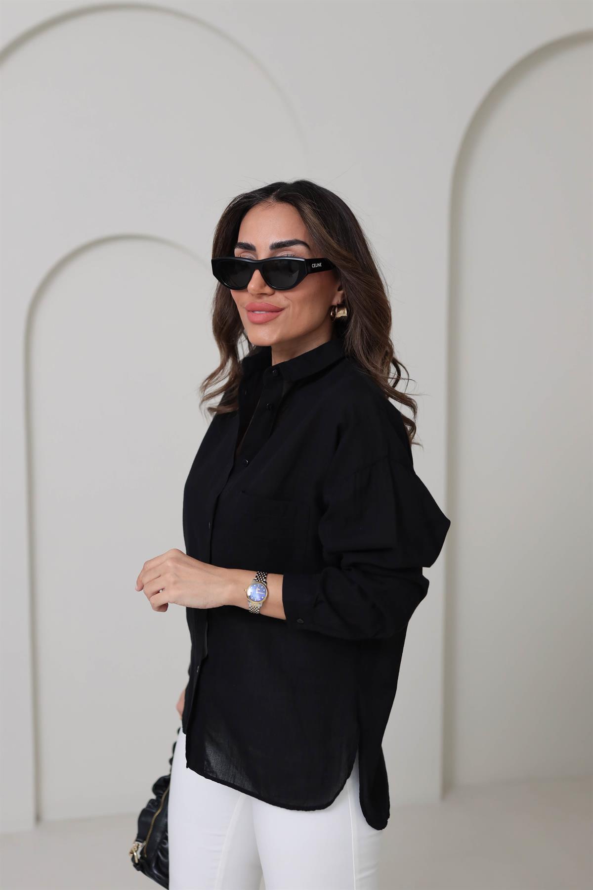 4294 Cep Detaylı Pamuklu Dokulu Gömlek SİYAH