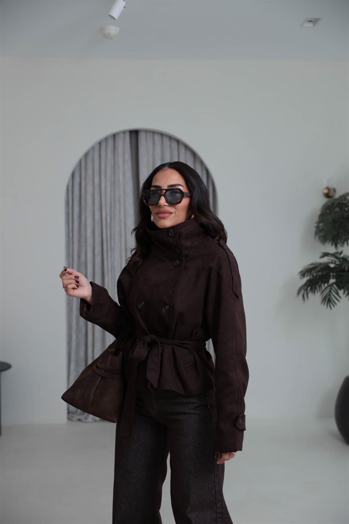 8437 Dik Yaka Kuşaklı Süet Ceket ACI KAHVE