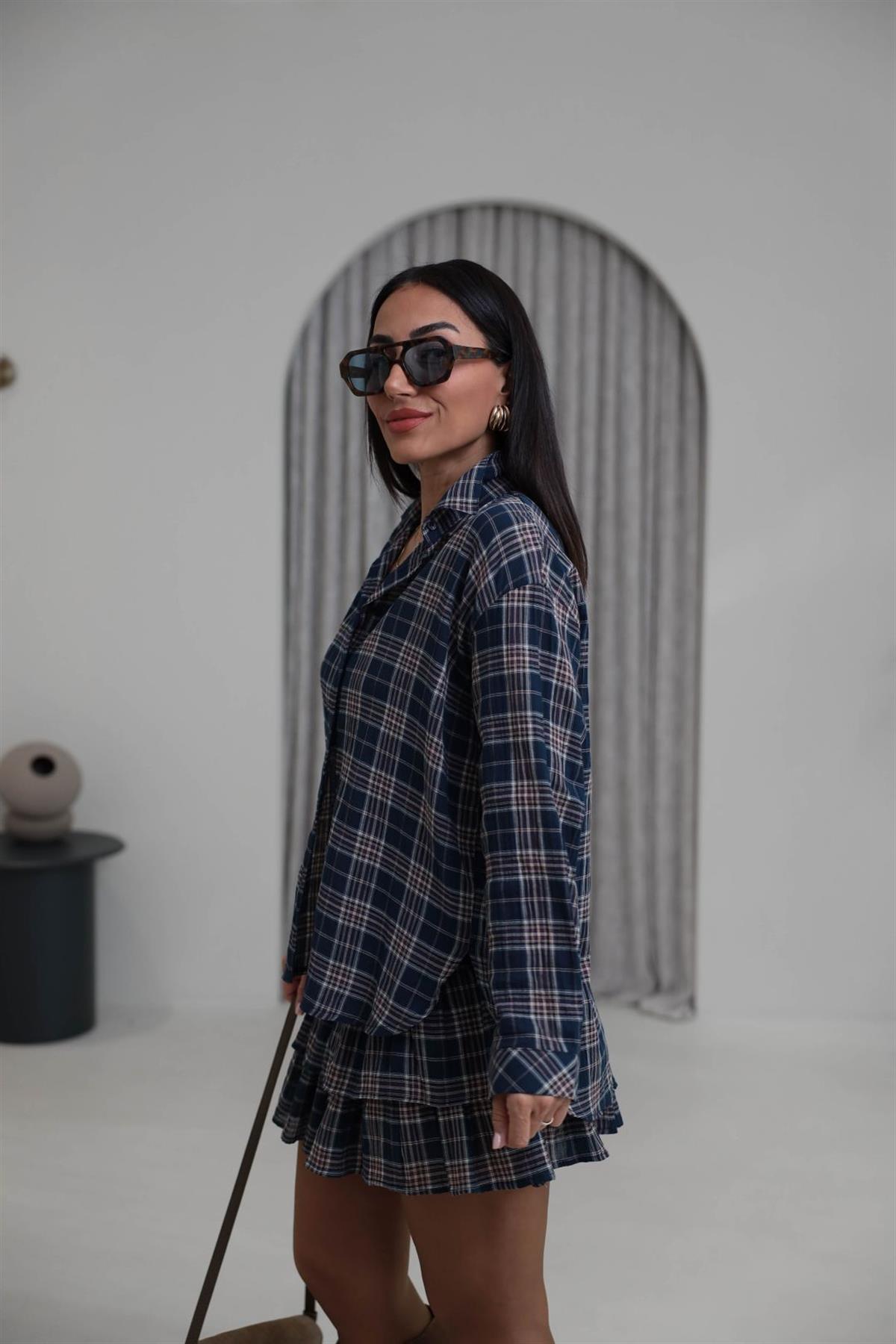 3218 Ekose Desenli Gömlekli Etek Takım LACİVERT