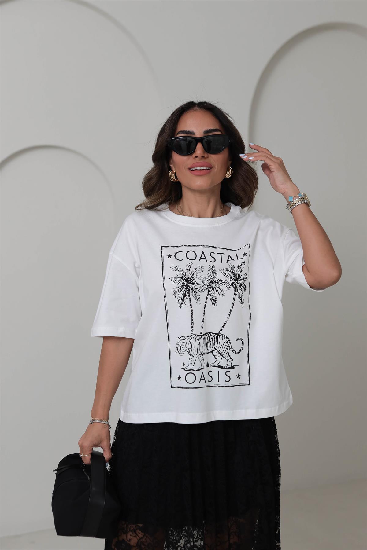 T509 Baskılı Pamuklu Oversize Tshirt SİYAH