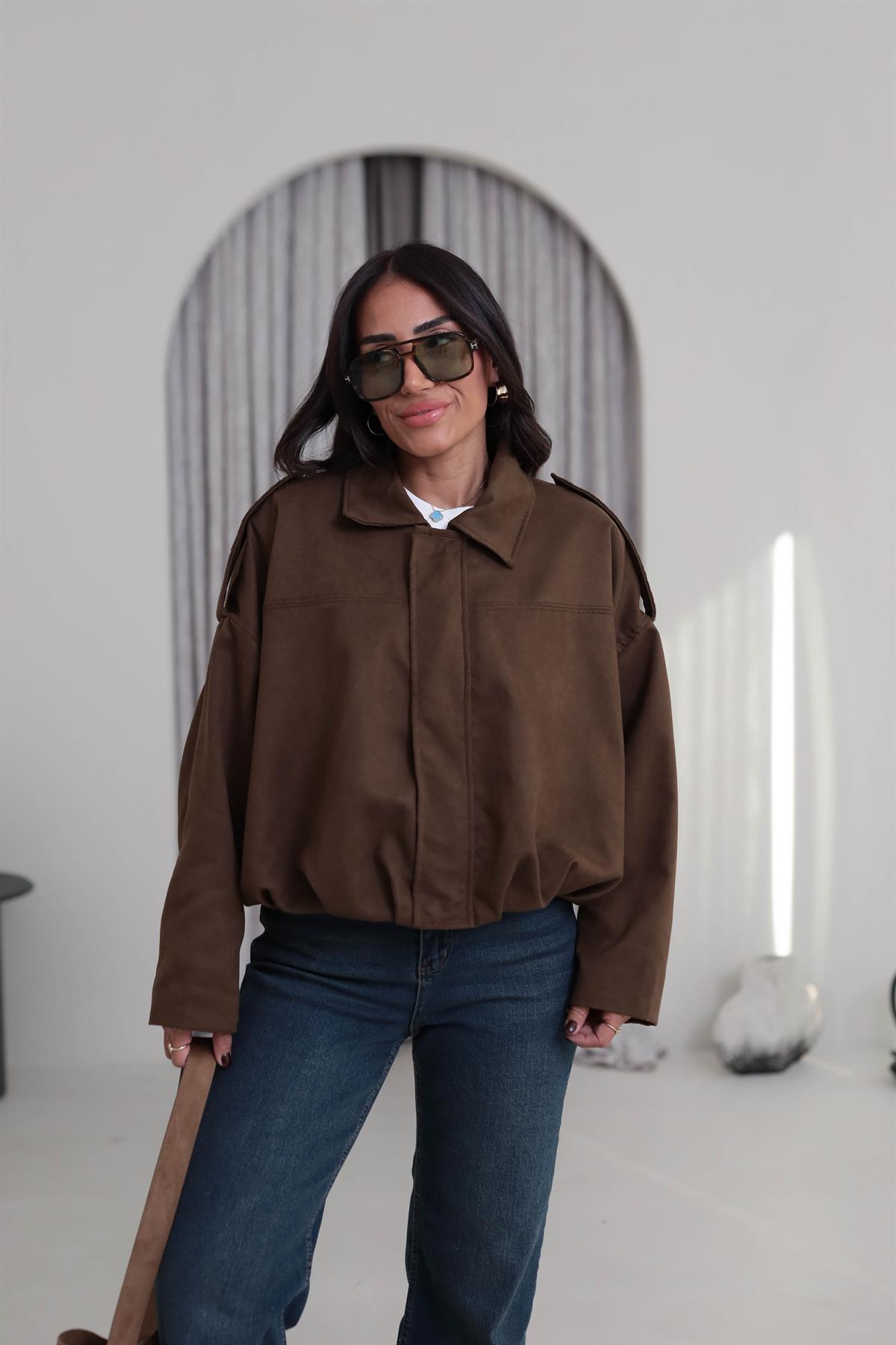 0493 Gömlek Yaka Apoletli Süet Bomber KAHVE