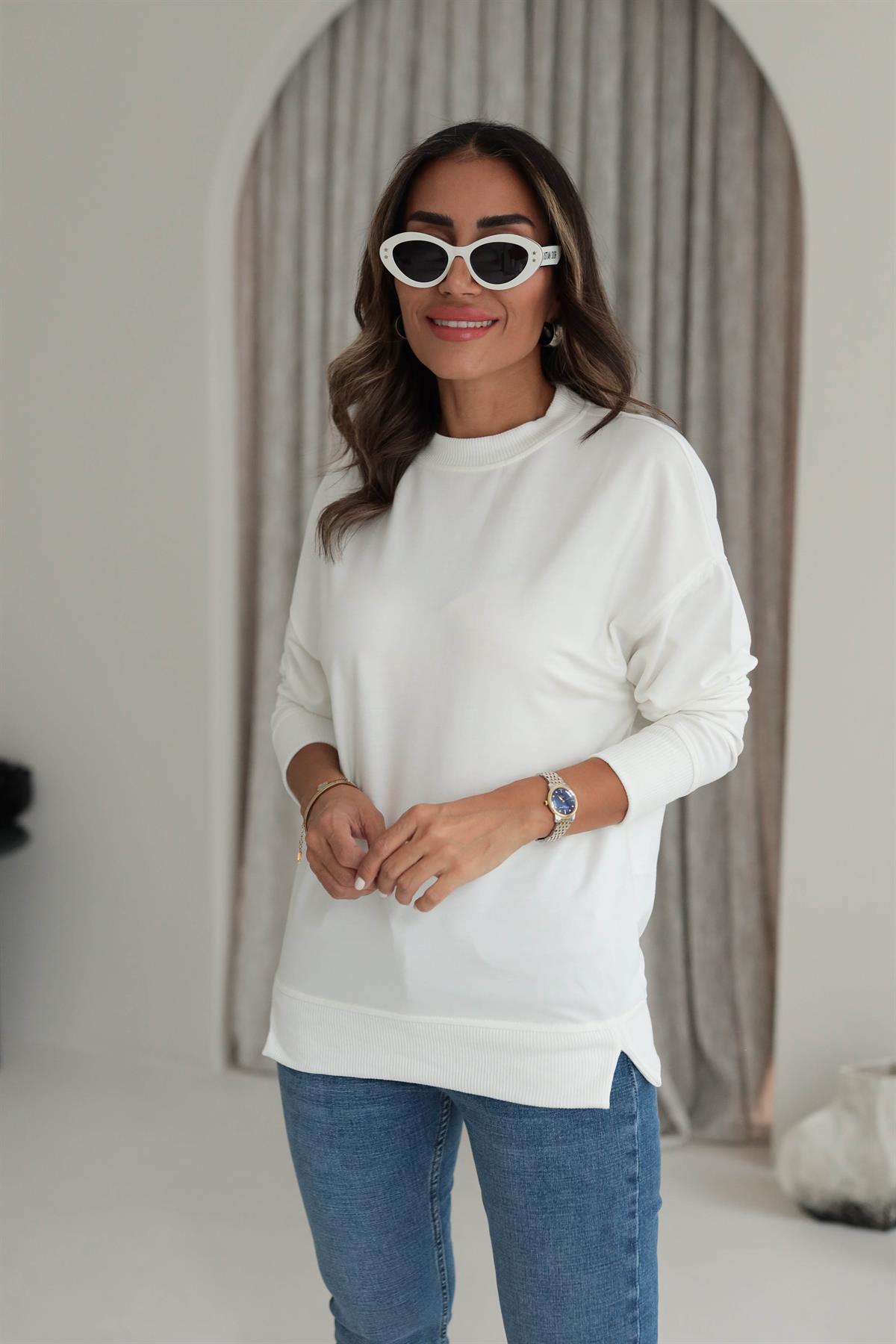 9002 Düz Basic Sweatshirt BEYAZ