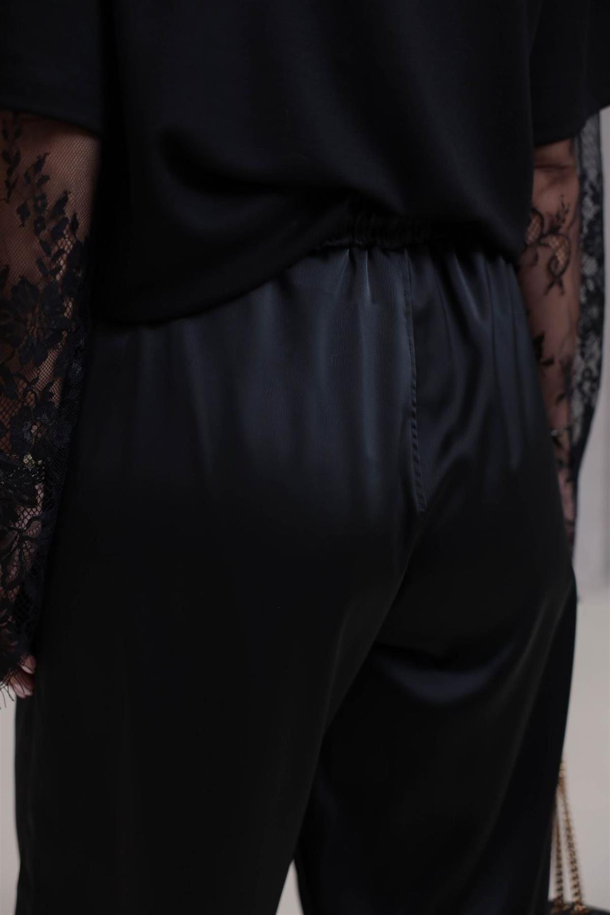 1121 Paça Büzgülü Bel Lastikli Saten Pantolon SİYAH