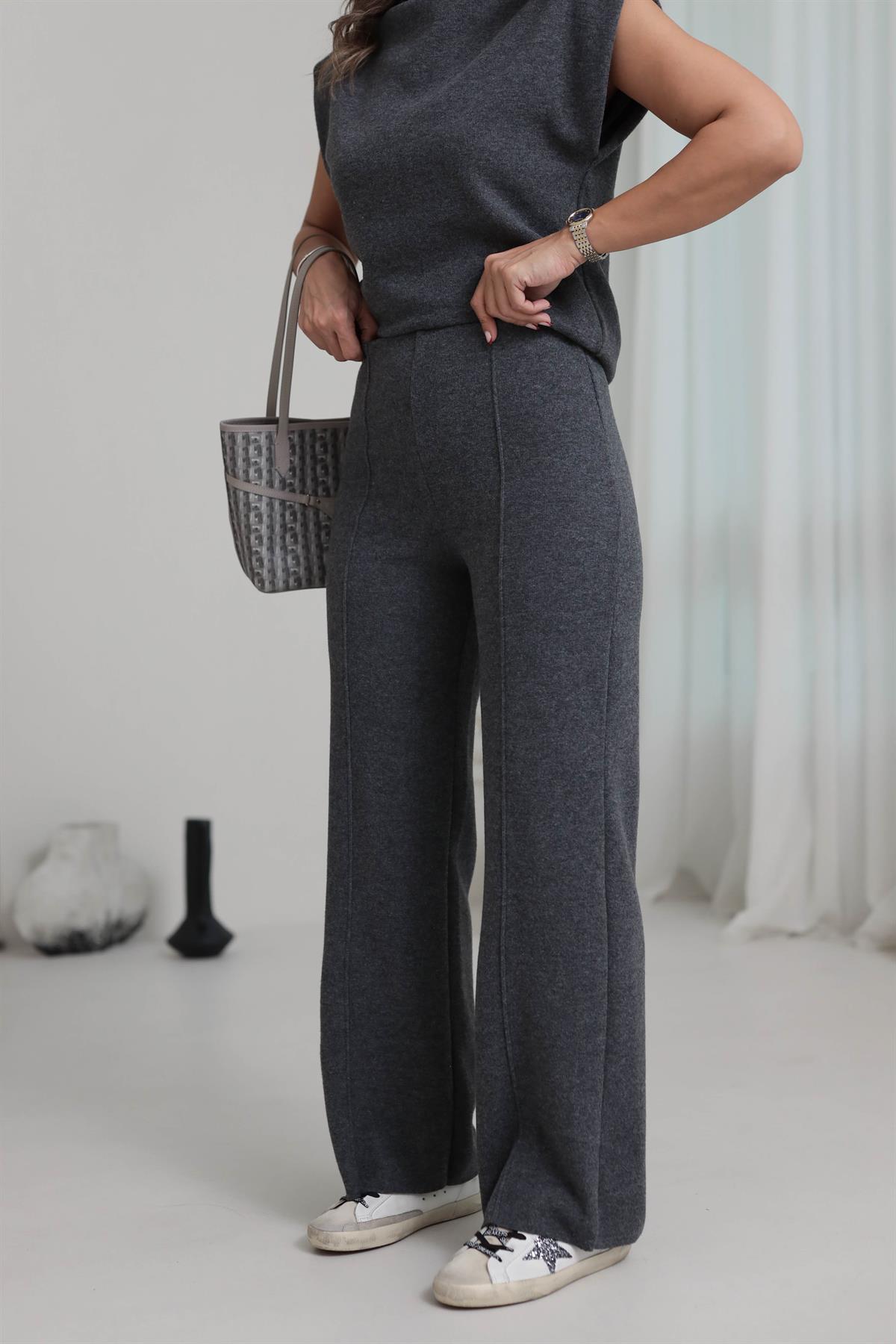 1819 Önü Çimalı Örme Kumaş Rahat Pantolon ANTRASİT