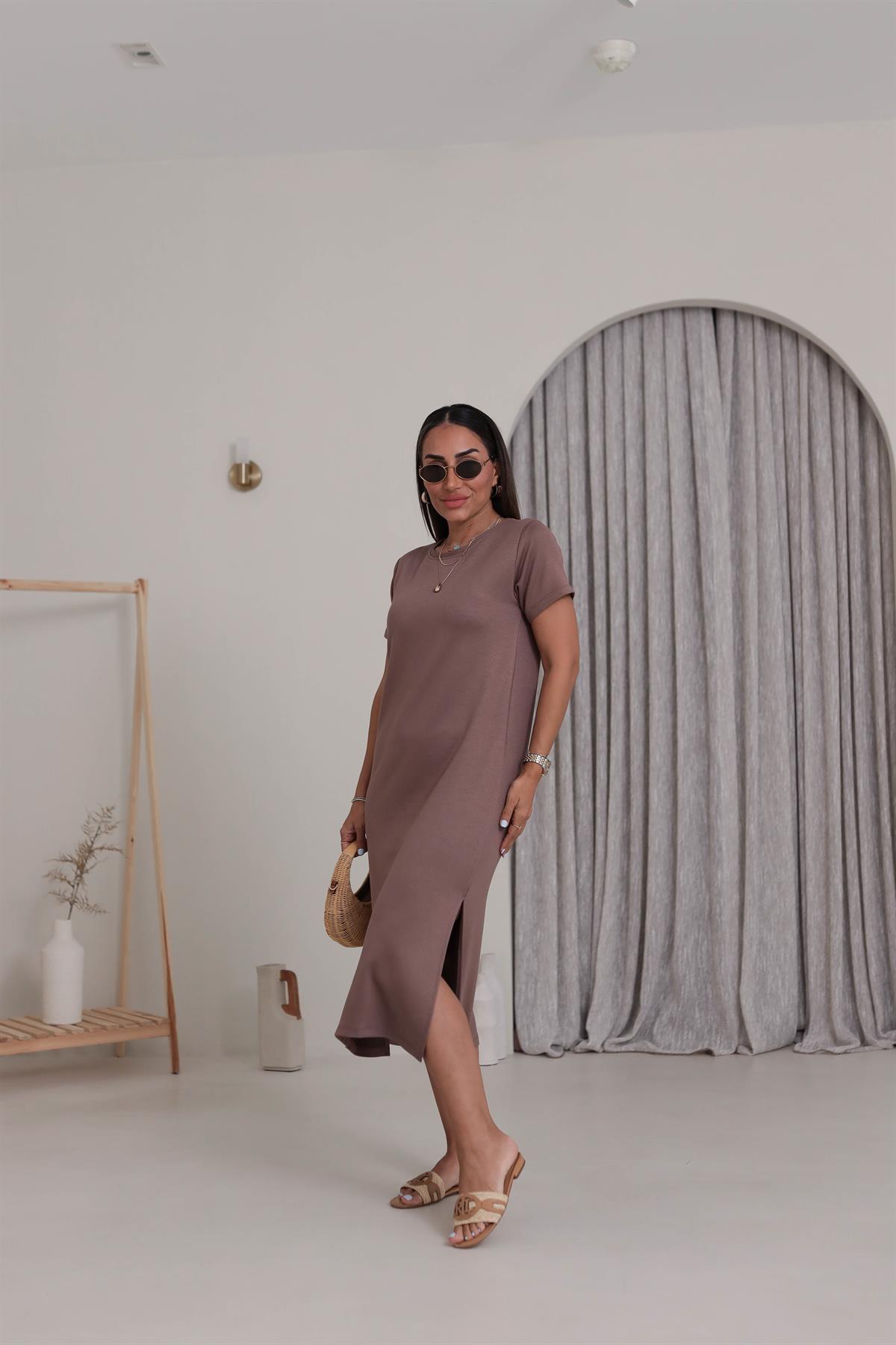 4512 Kısa Kollu Yırtmaçlı Elbise KAHVE