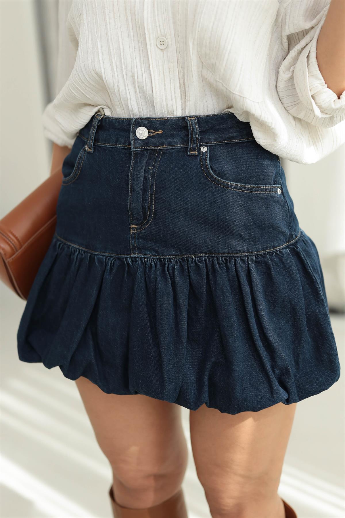 0573 Denim Mini Balon Etek KOYU LACİ