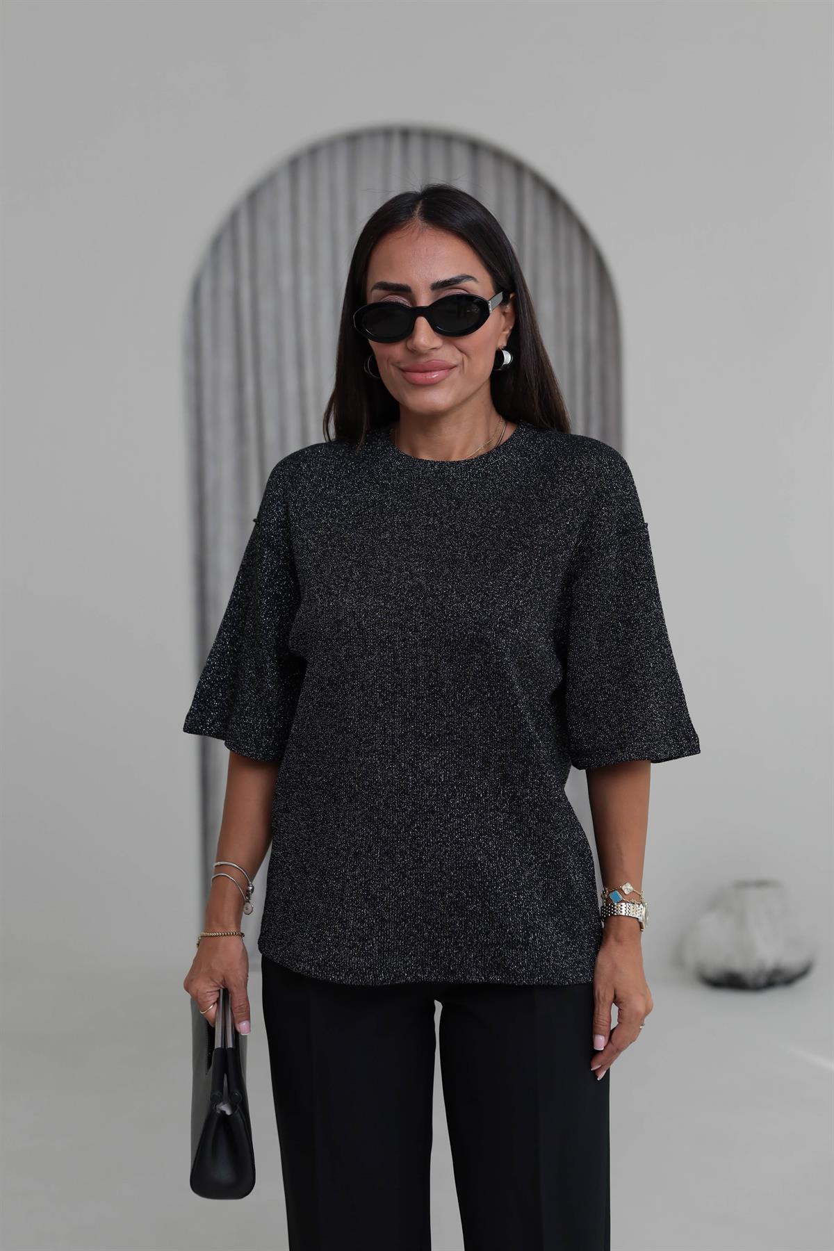 1165 Simli Bisiklet Yaka Triko Bluz SİYAH