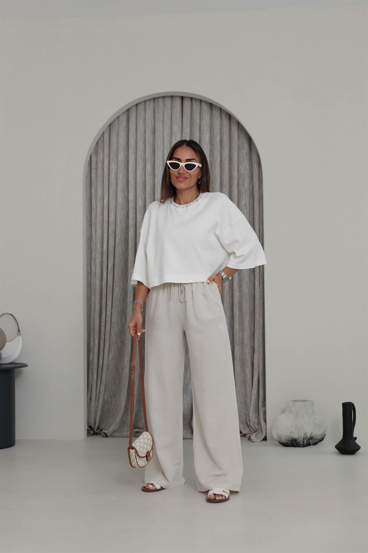 0298 Bel Lastikli Keten Rahat Pantolon NATURAL